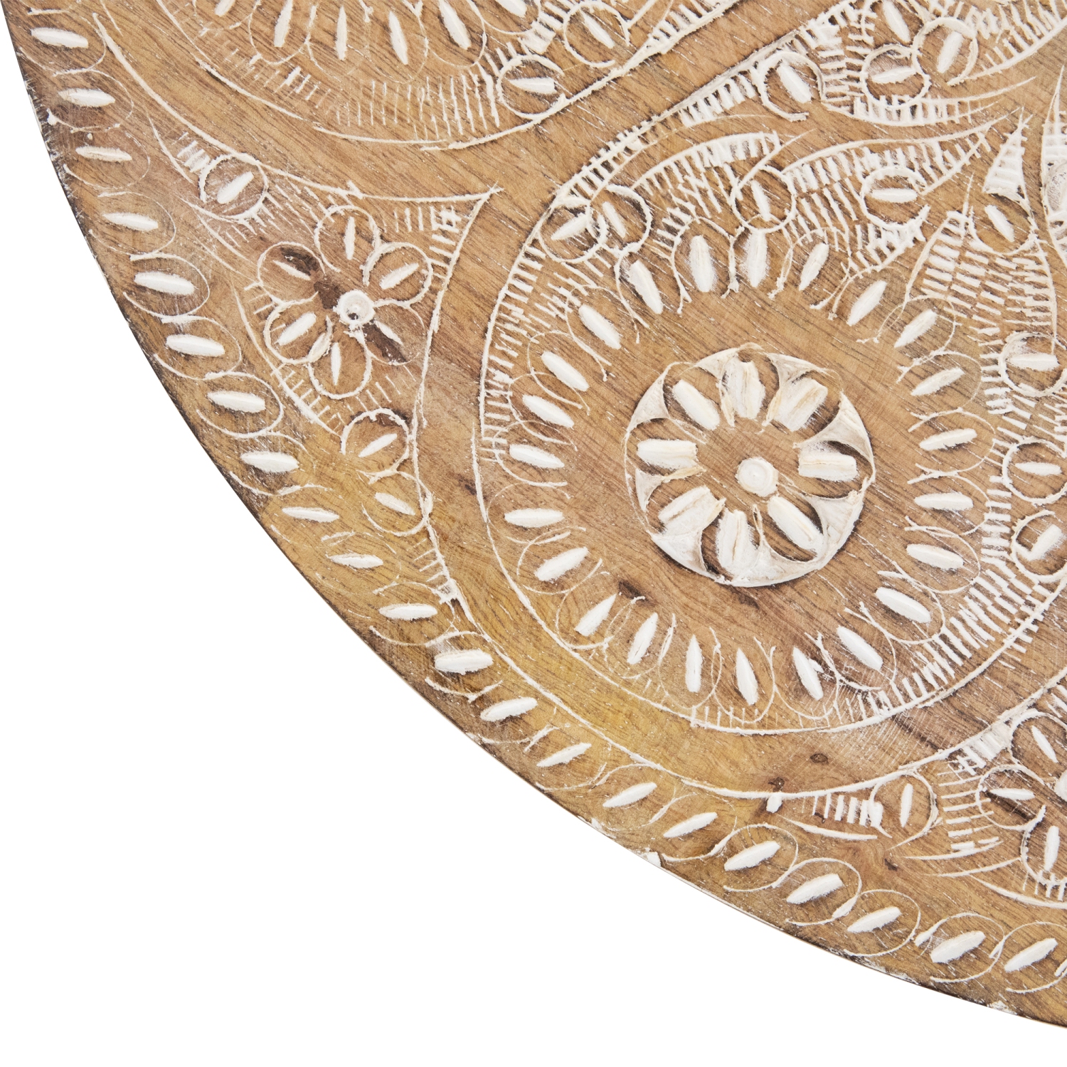 22" Brushed White Engraved Floral Round Tri Leg Wooden Side Table