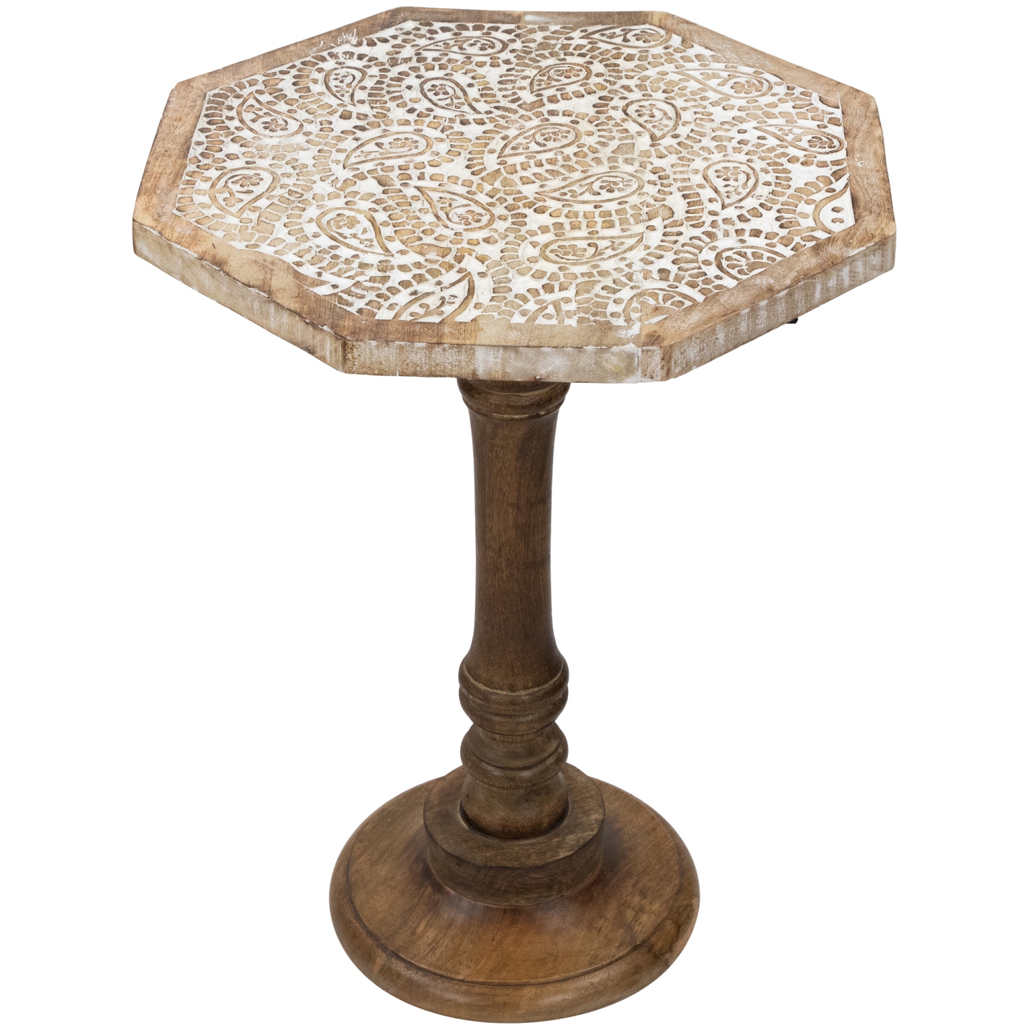 21" Wooden Brushed White Engraved Paisley Octagonal Pedestal Side Table