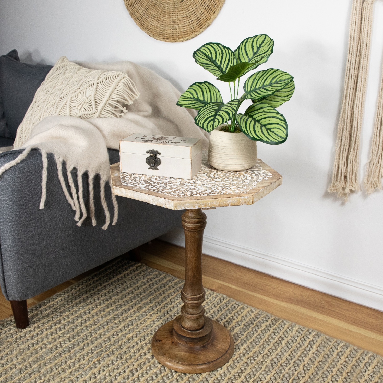 21" Wooden Brushed White Engraved Paisley Octagonal Pedestal Side Table