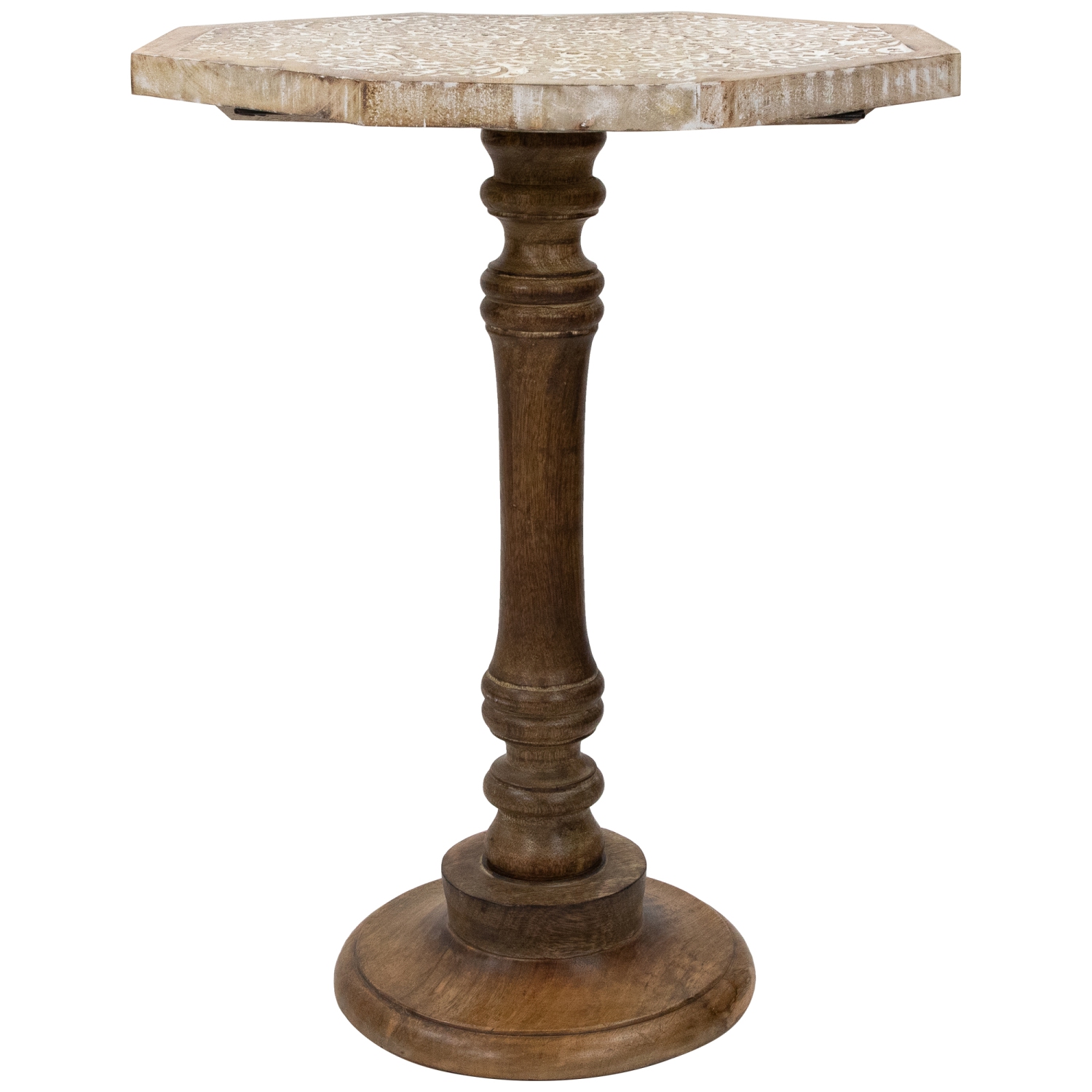 21" Wooden Brushed White Engraved Paisley Octagonal Pedestal Side Table