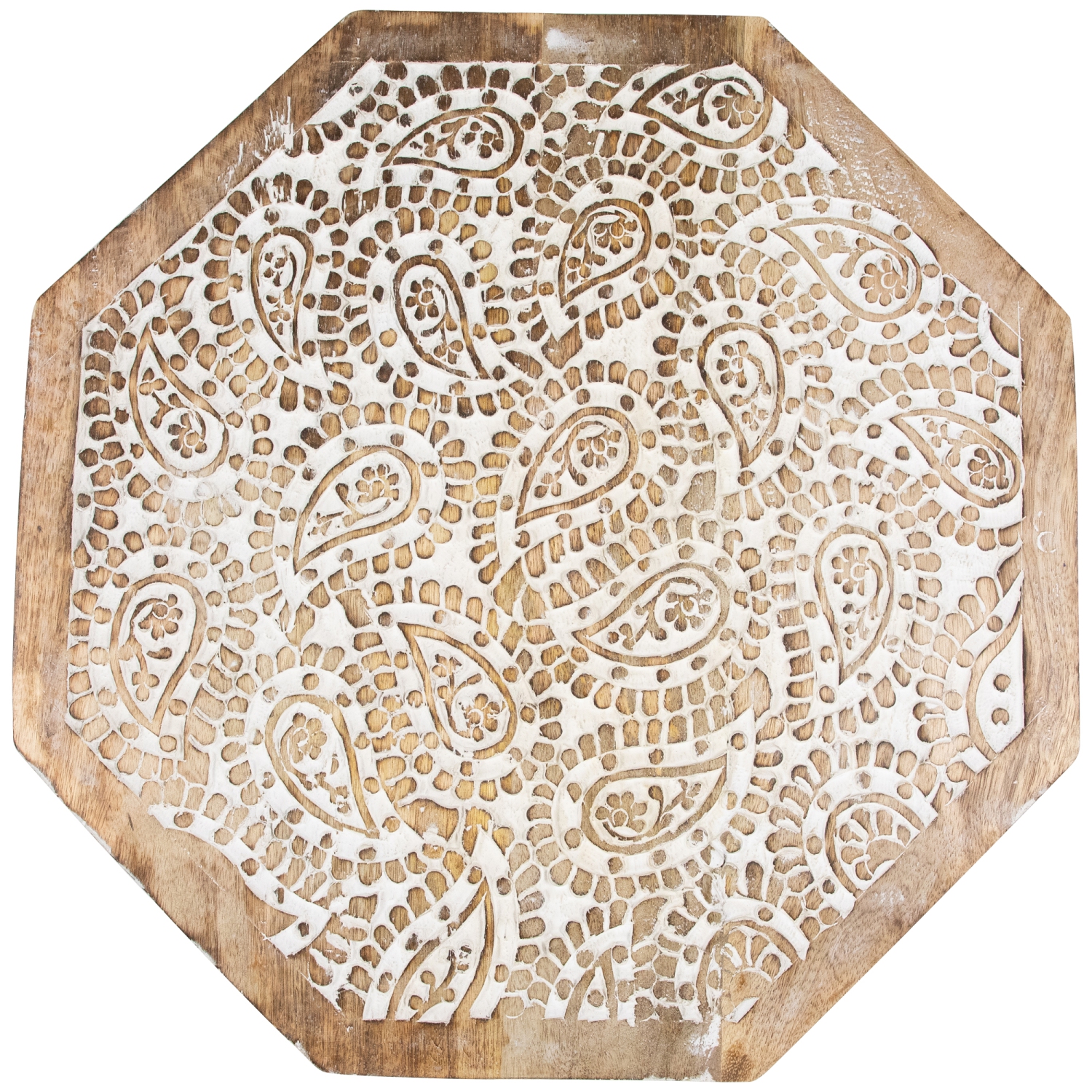 21" Wooden Brushed White Engraved Paisley Octagonal Pedestal Side Table