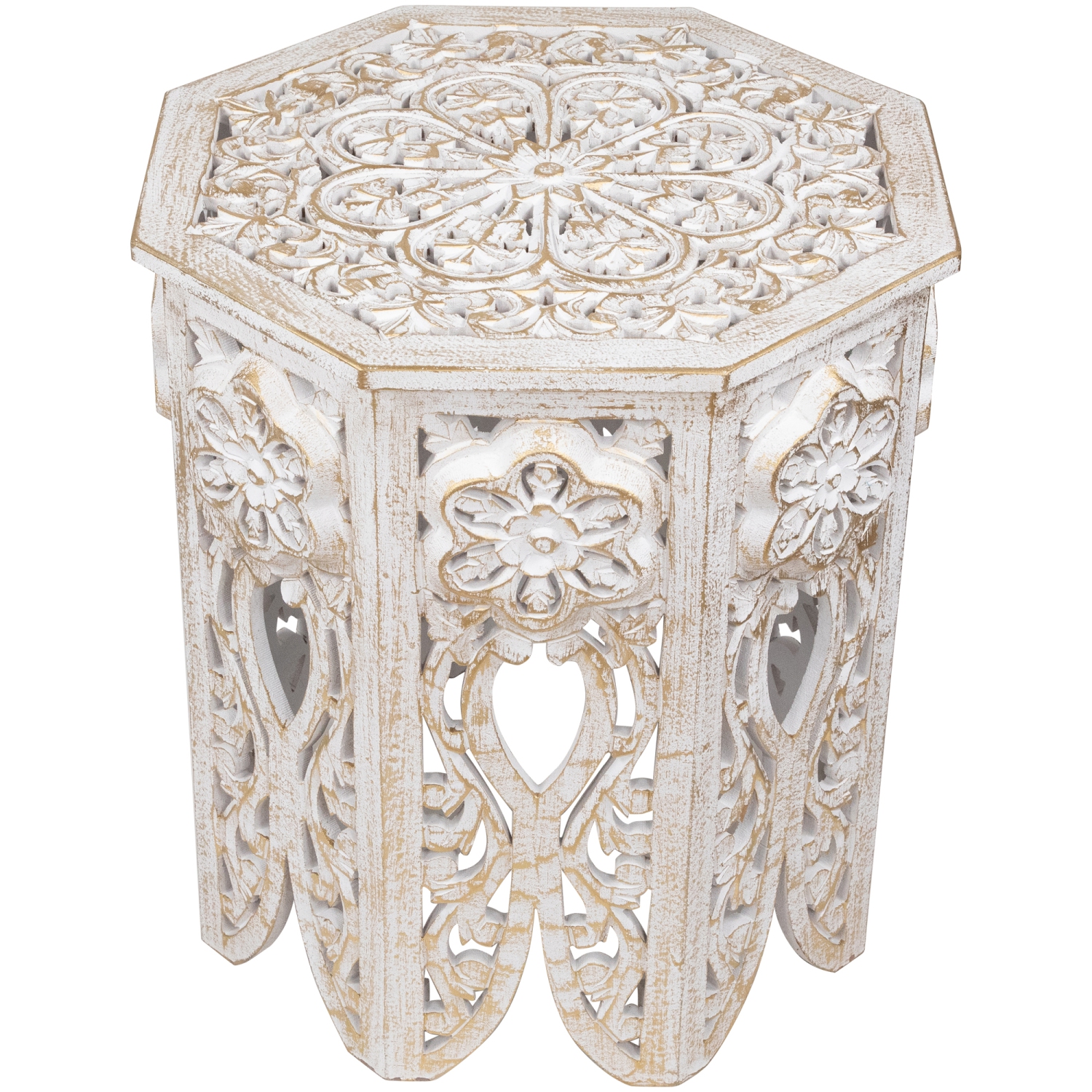 18" Antique White and Brushed Gold Carved Octagonal Side Table