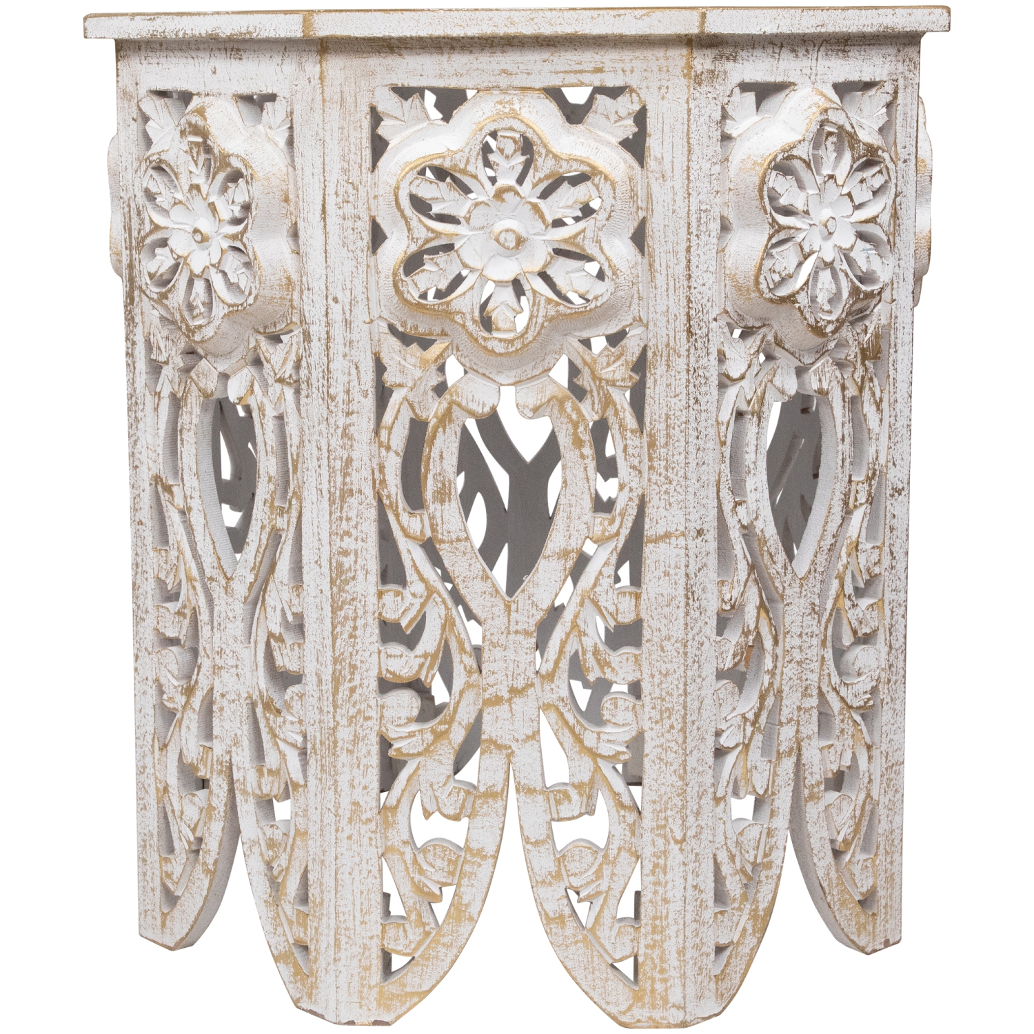 18" Antique White and Brushed Gold Carved Octagonal Side Table