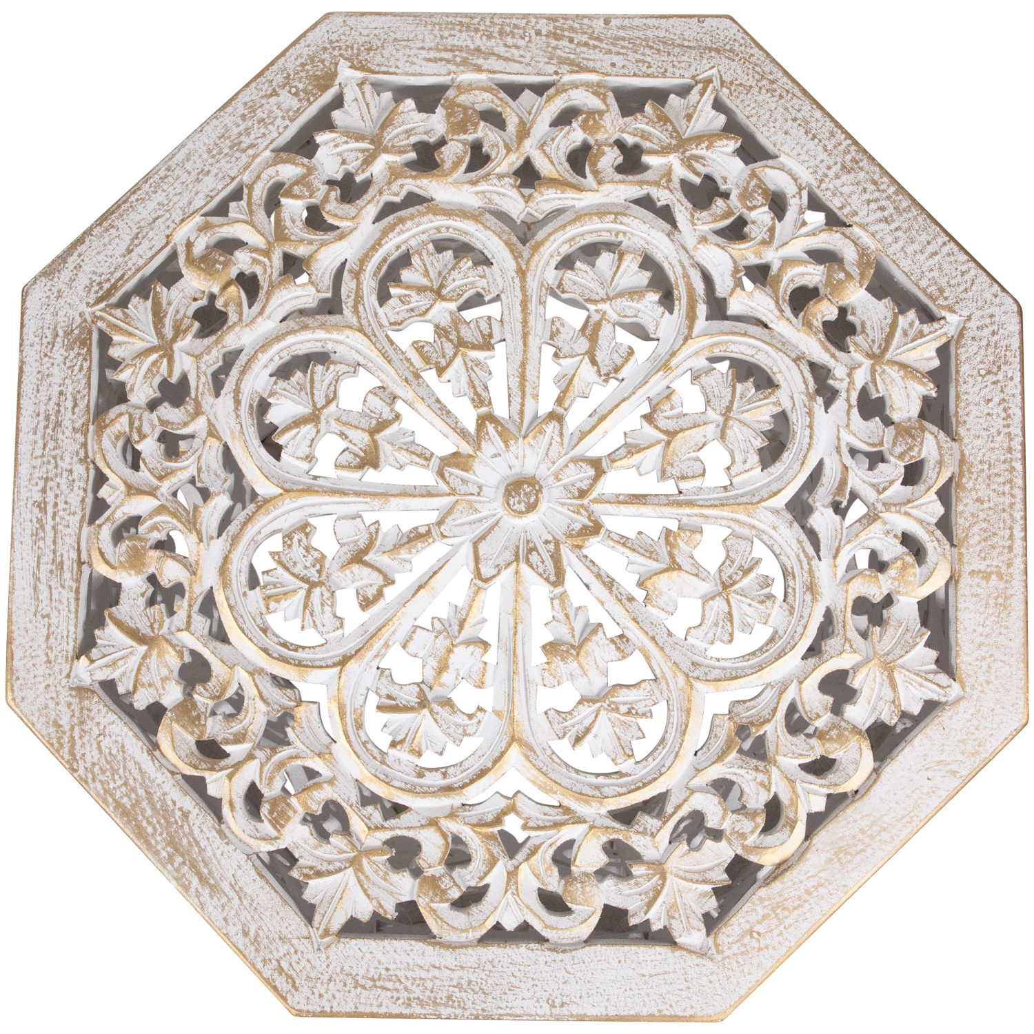 18" Antique White and Brushed Gold Carved Octagonal Side Table