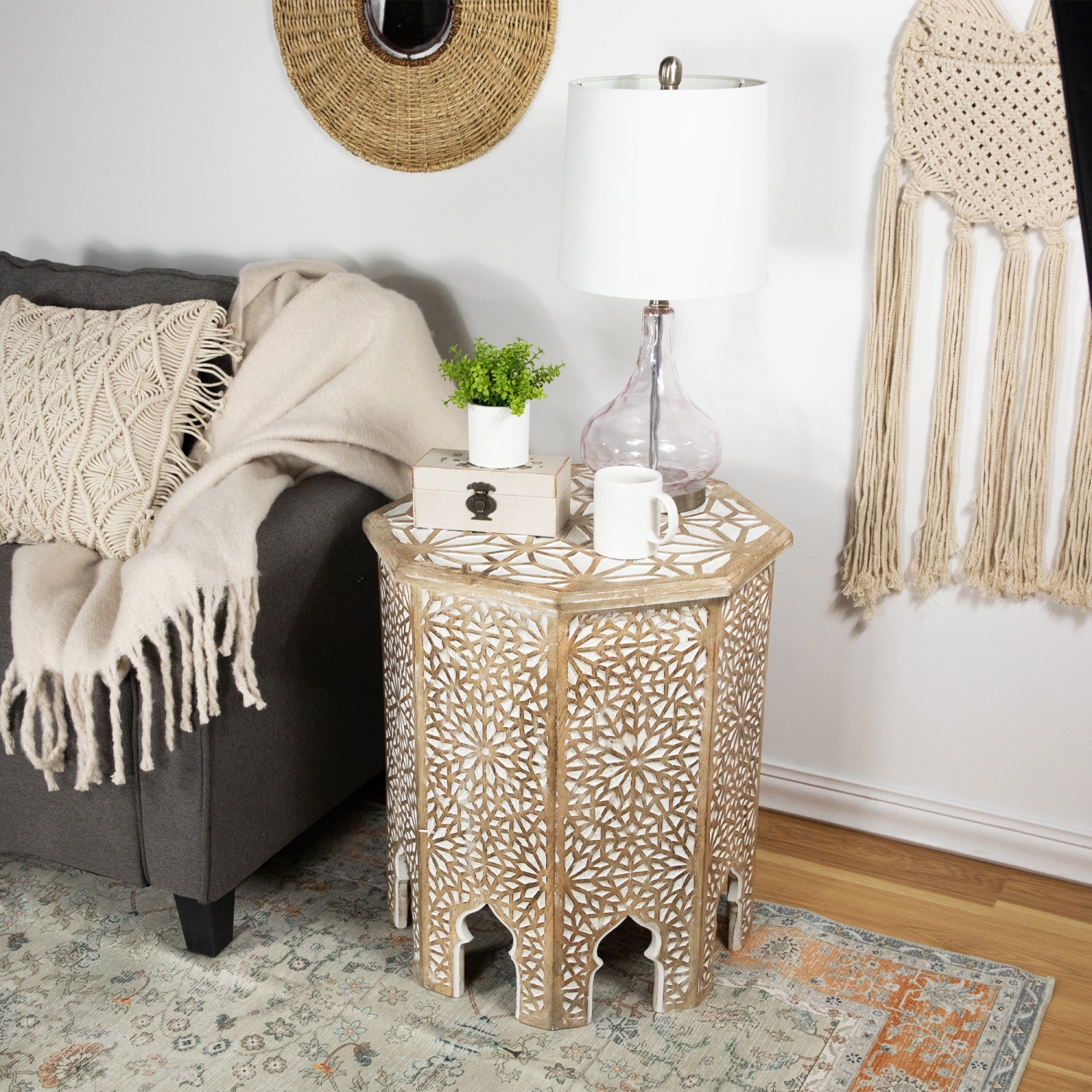 24" Antique Brushed White Carved Octagonal Side Table