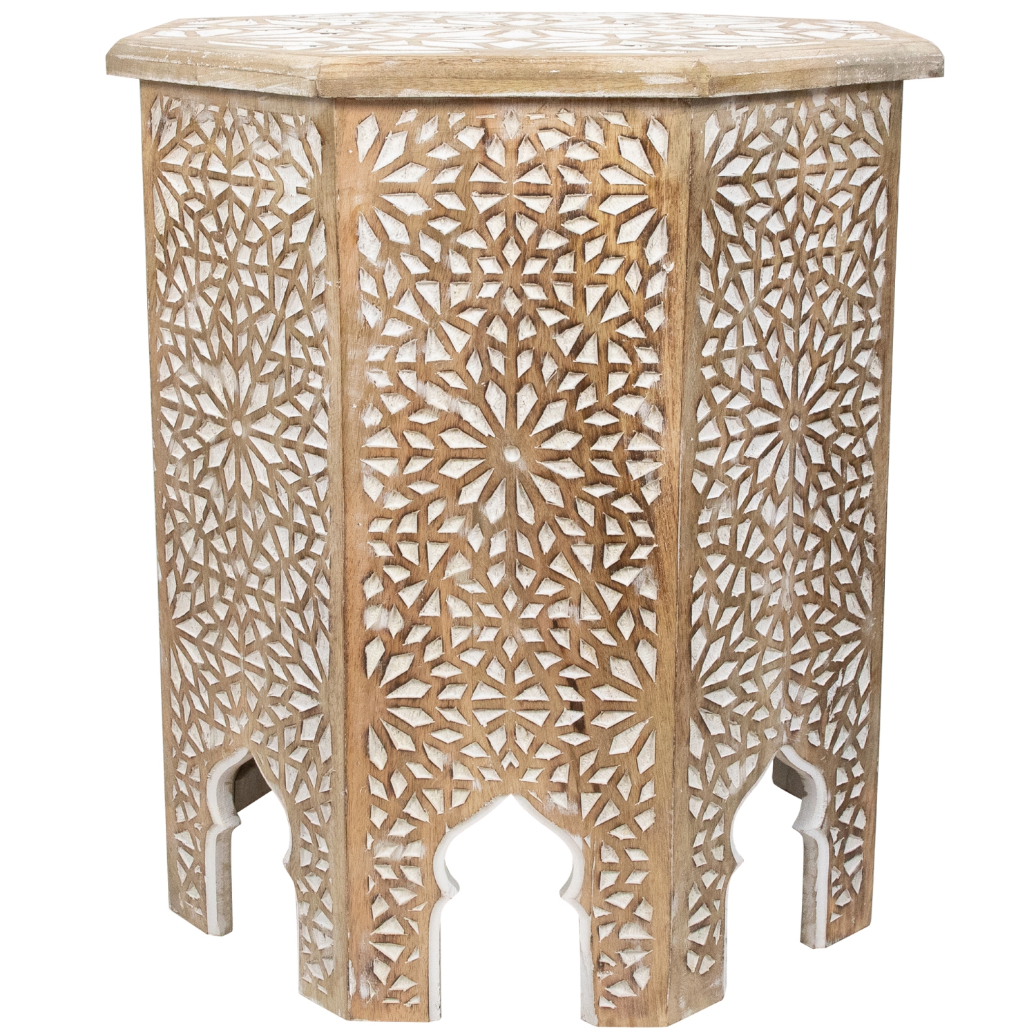 24" Antique Brushed White Carved Octagonal Side Table