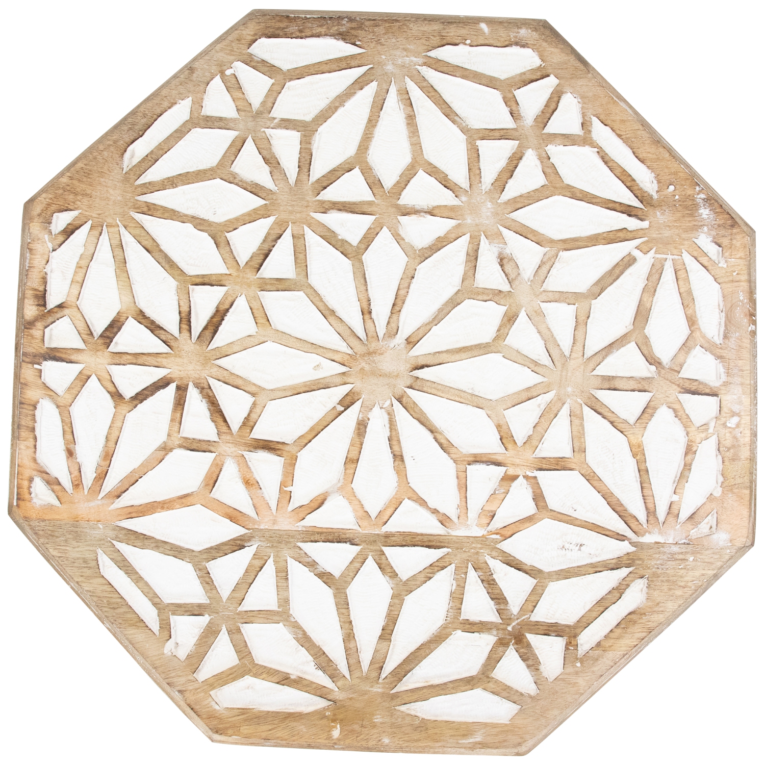 24" Antique Brushed White Carved Octagonal Side Table