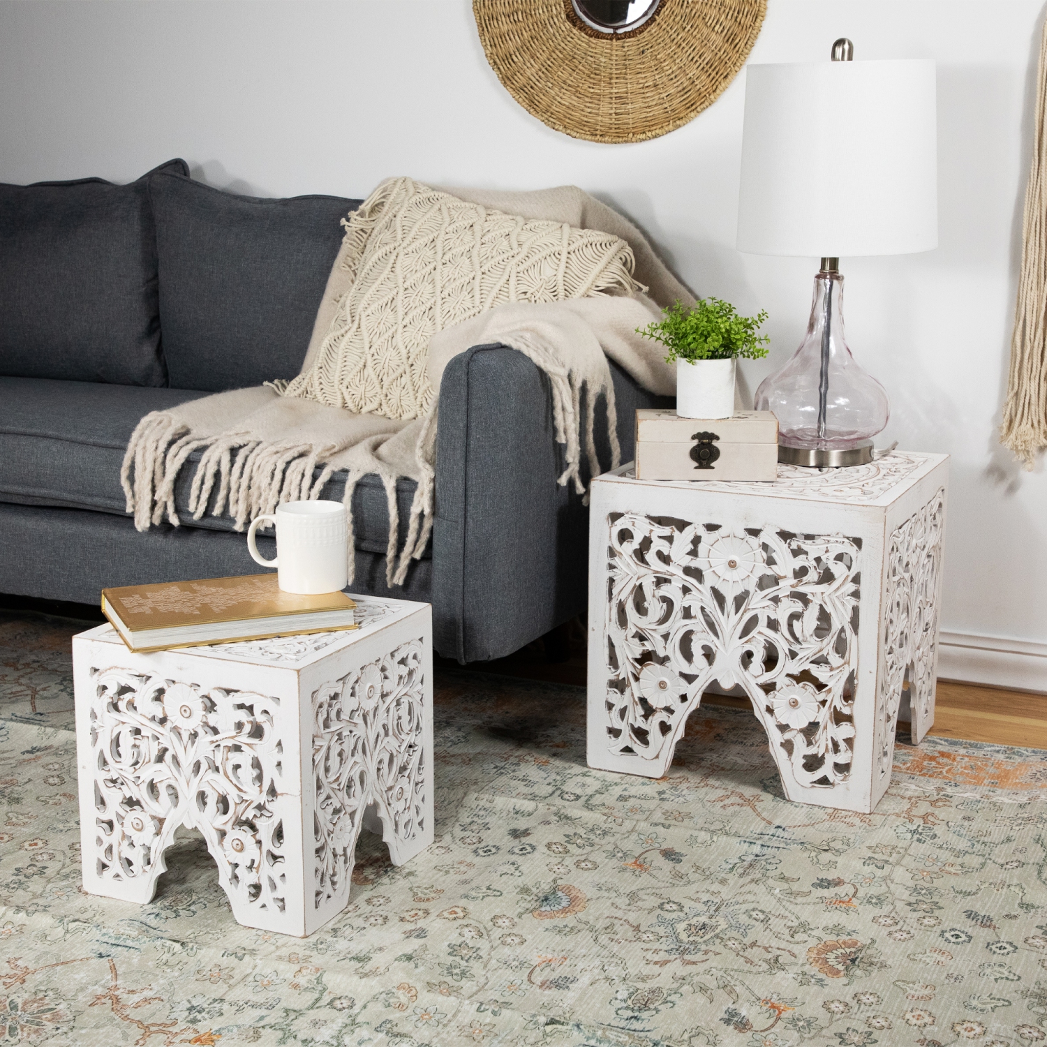 Set of 2 Antique White Square Stackable Nesting Side Table and Stool 16"