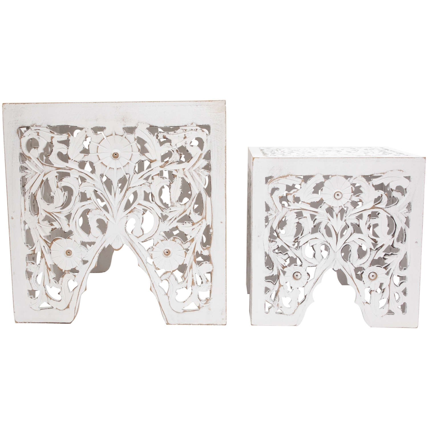 Set of 2 Antique White Square Stackable Nesting Side Table and Stool 16"