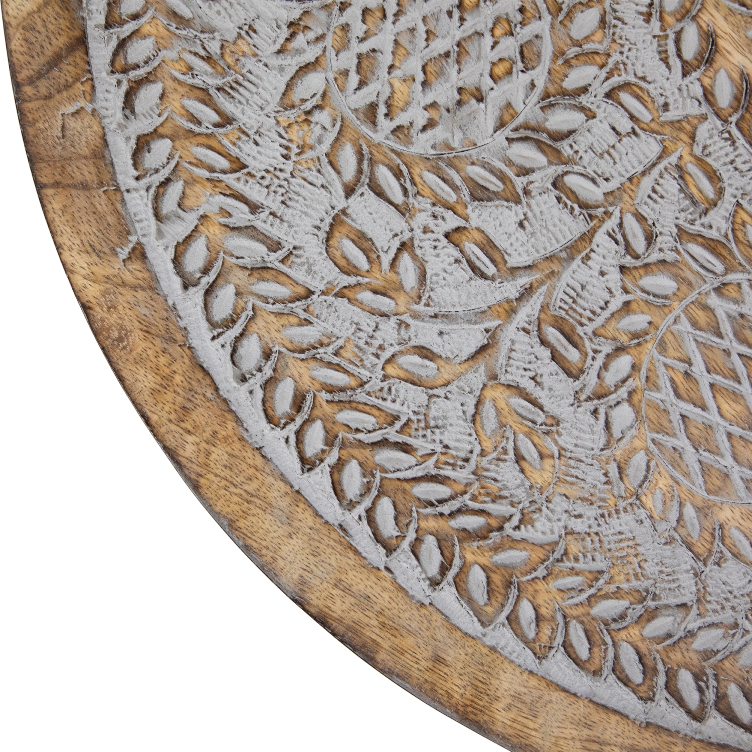 21" Antique Gray Engraved Round Tri Leg Wooden Side Table