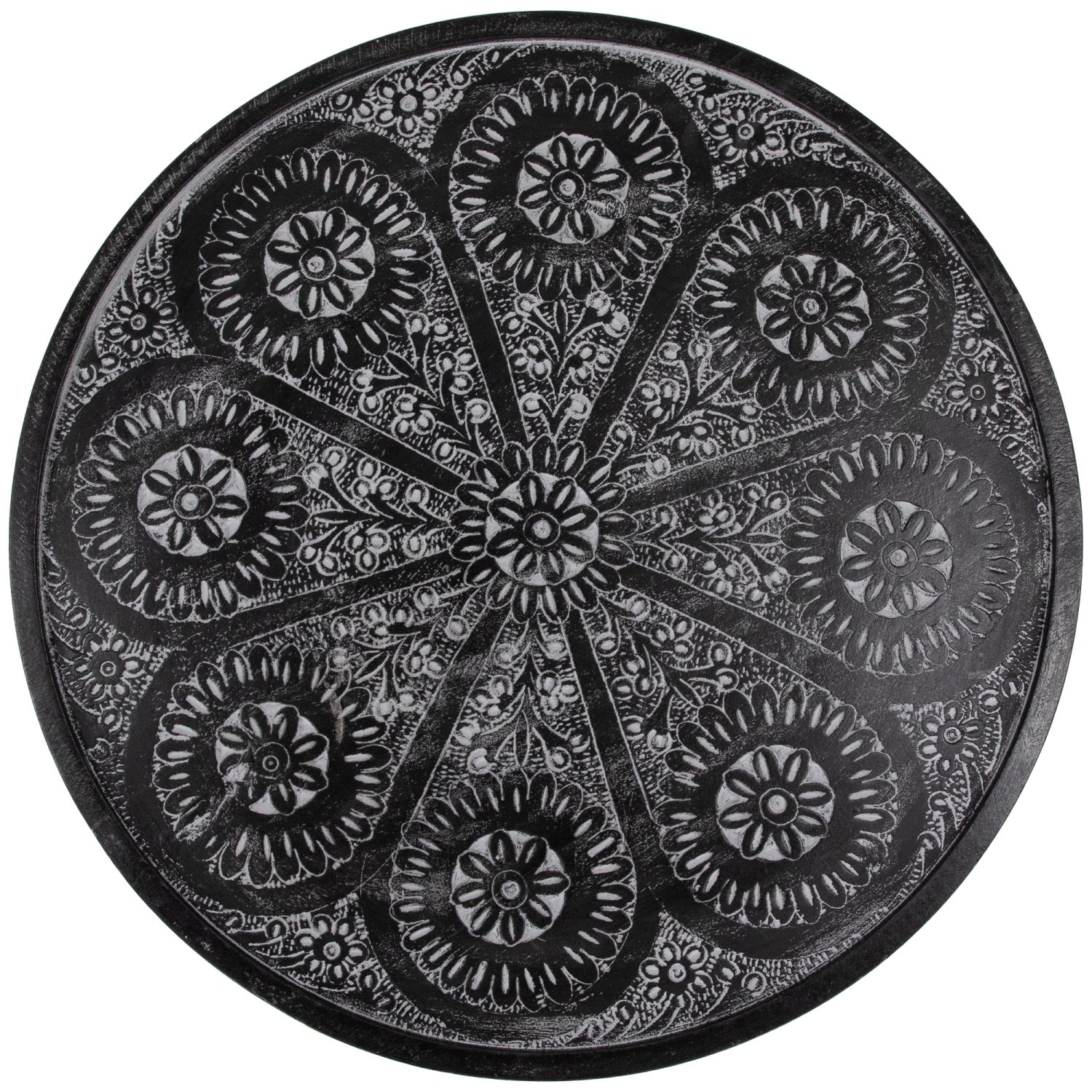 18" Charcoal Black and Gray Floral Engraved Wooden Side Table