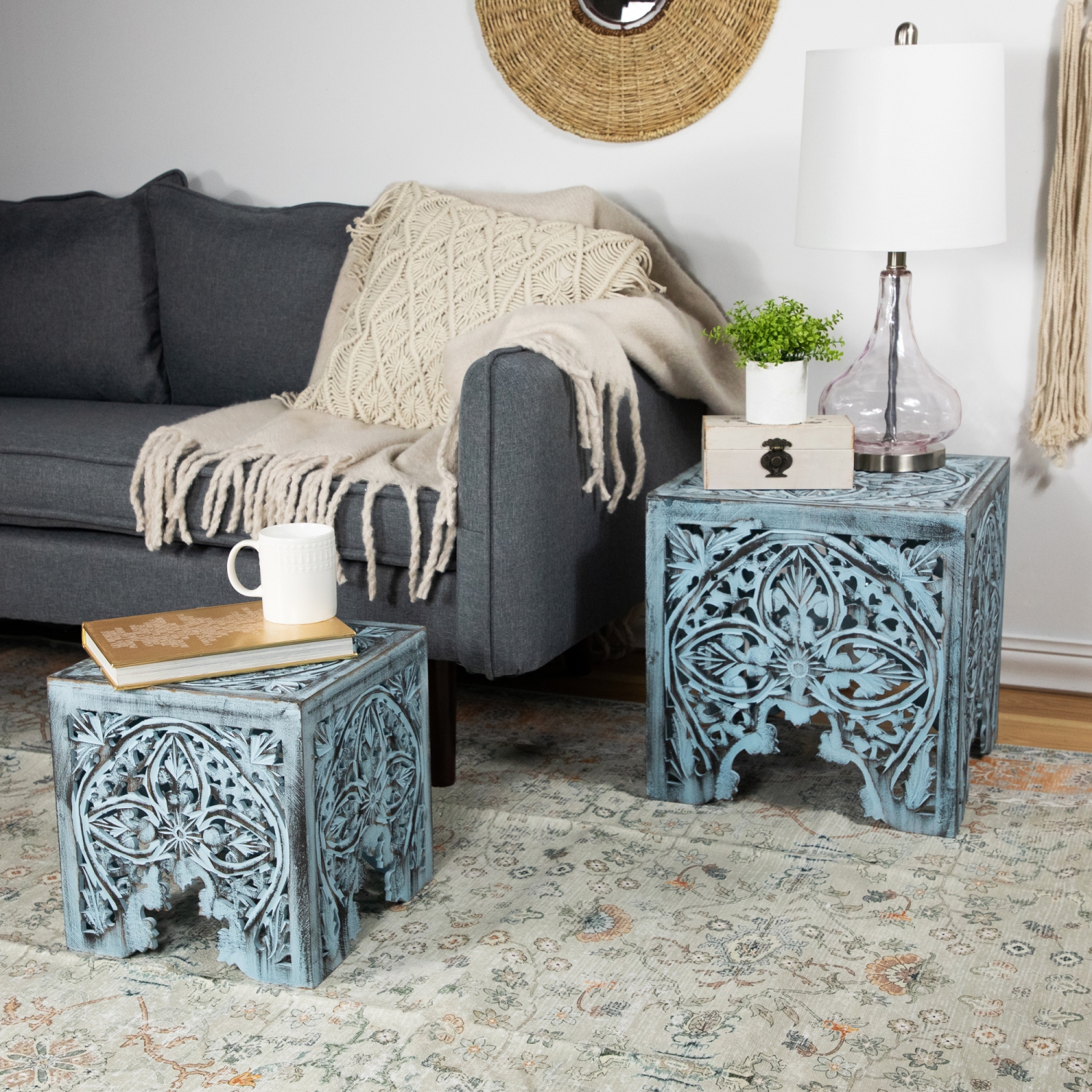 Set of 2 Antique Blue Square Stackable Nesting Side Table and Stool 16"