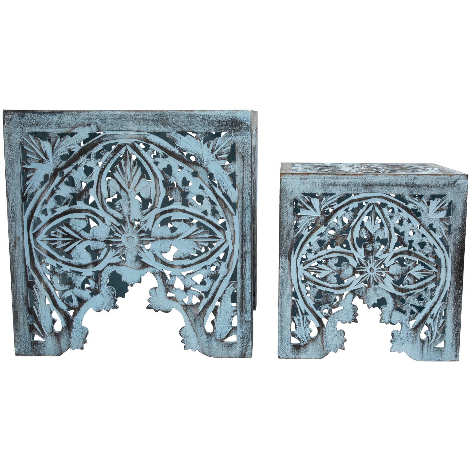 Set of 2 Antique Blue Square Stackable Nesting Side Table and Stool 16"