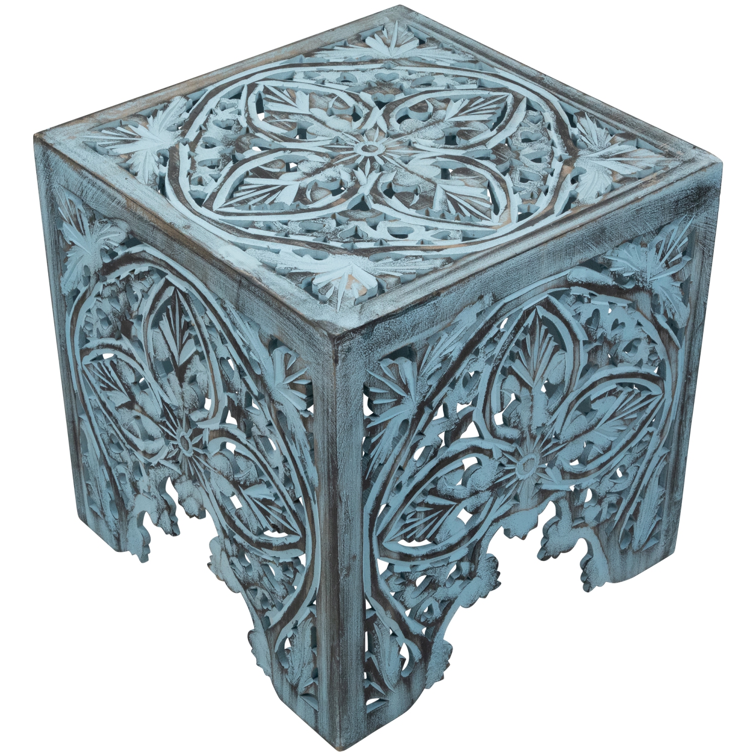 Set of 2 Antique Blue Square Stackable Nesting Side Table and Stool 16"