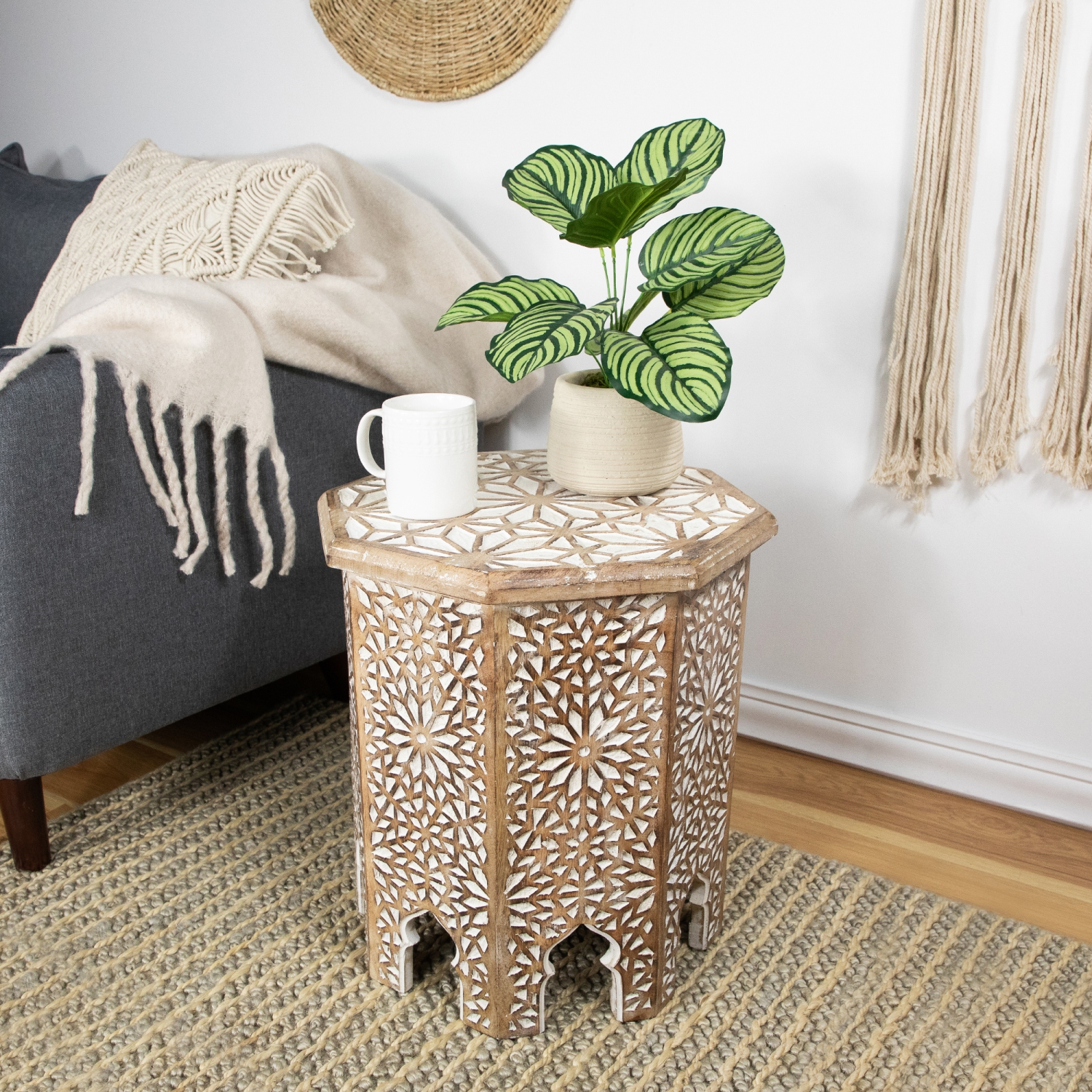 18" Walnut Brown and Brushed White Octagonal Side Table