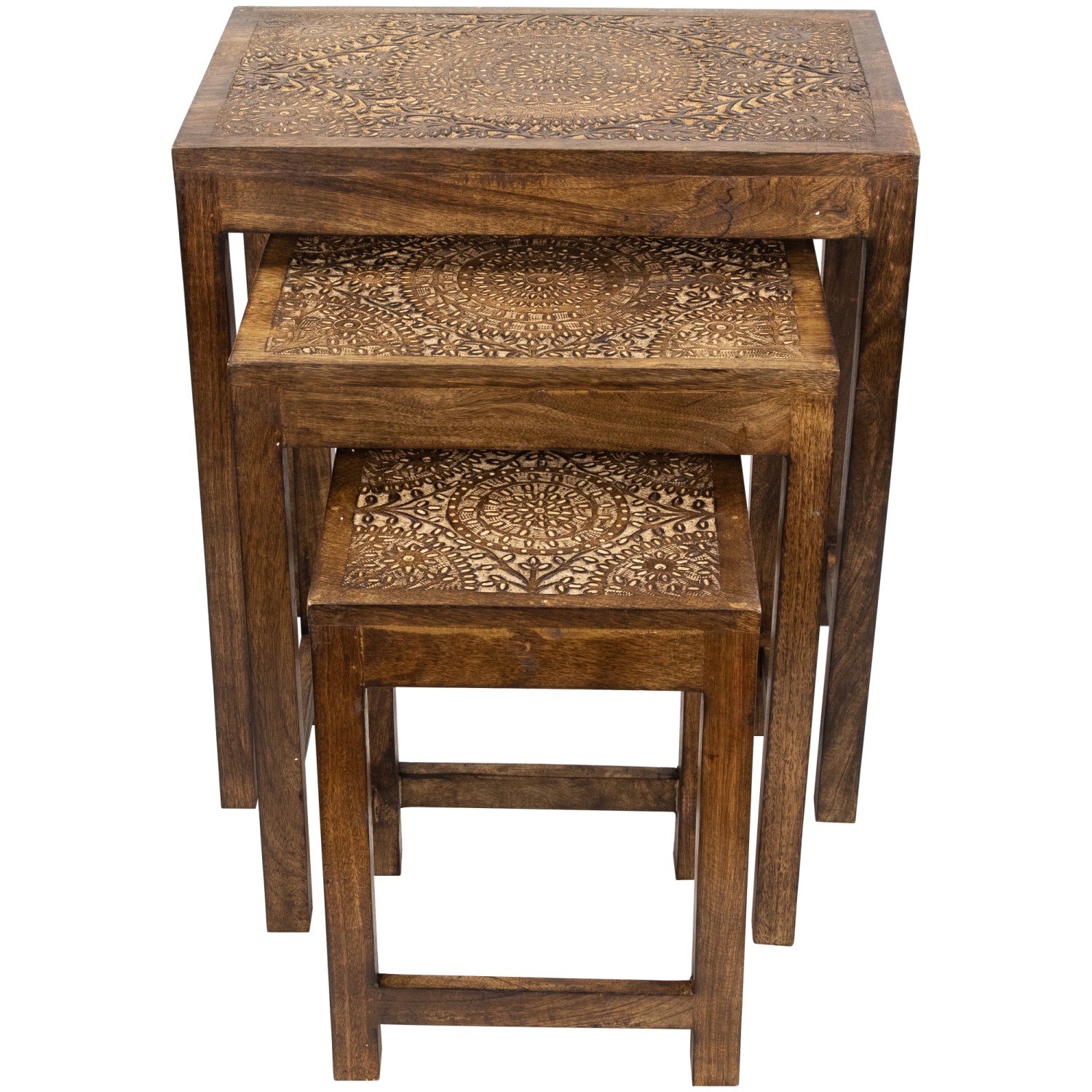 Set of 3 Walnut Brown Stackable Mandala Nesting Tables 24"