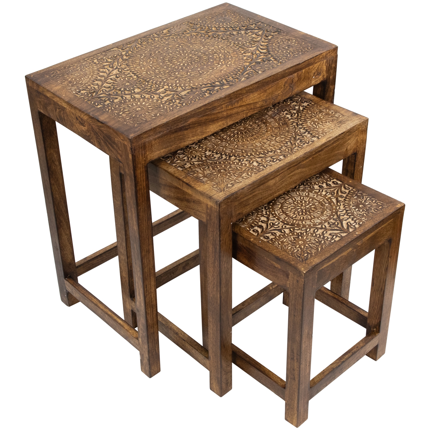 Set of 3 Walnut Brown Stackable Mandala Nesting Tables 24"