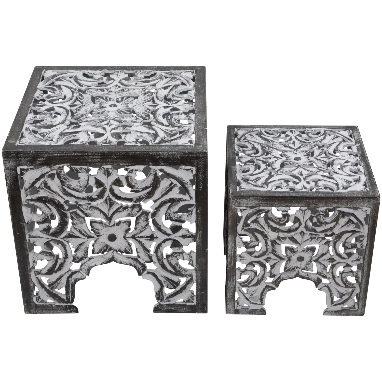 Set of 2 Antique Gray and Black Square Stackable Nesting Side Table and Stool 16"