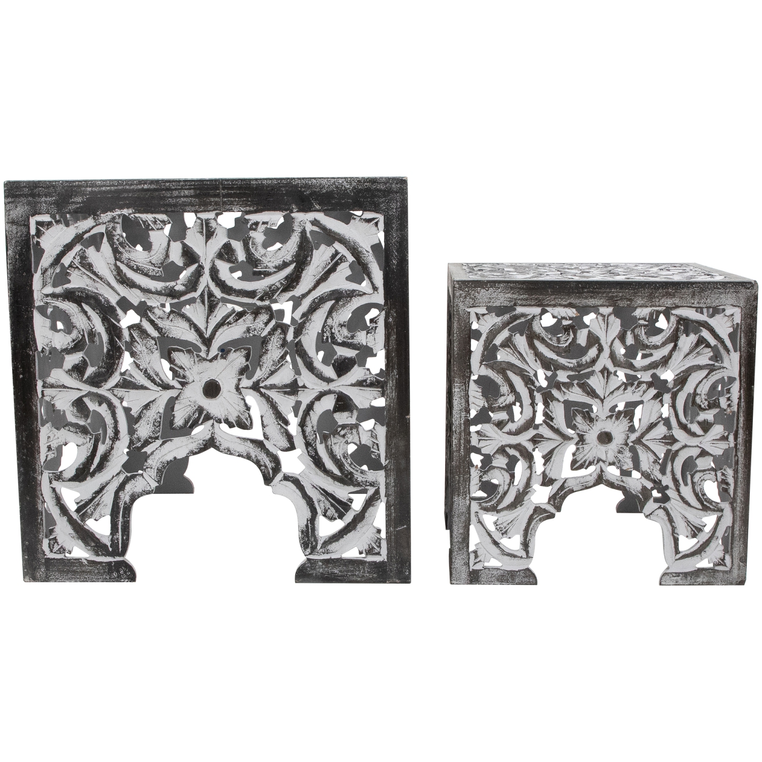 Set of 2 Antique Gray and Black Square Stackable Nesting Side Table and Stool 16"