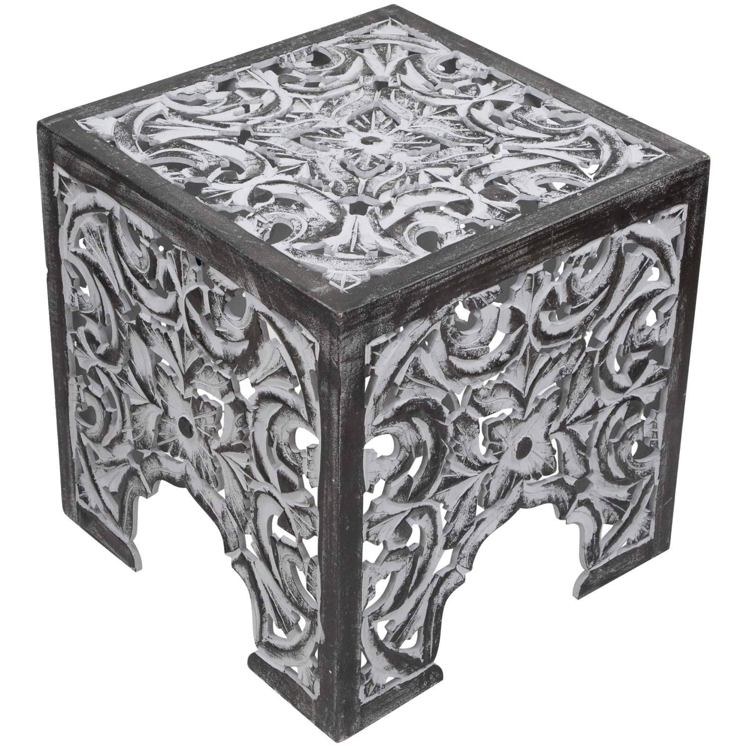 Set of 2 Antique Gray and Black Square Stackable Nesting Side Table and Stool 16"