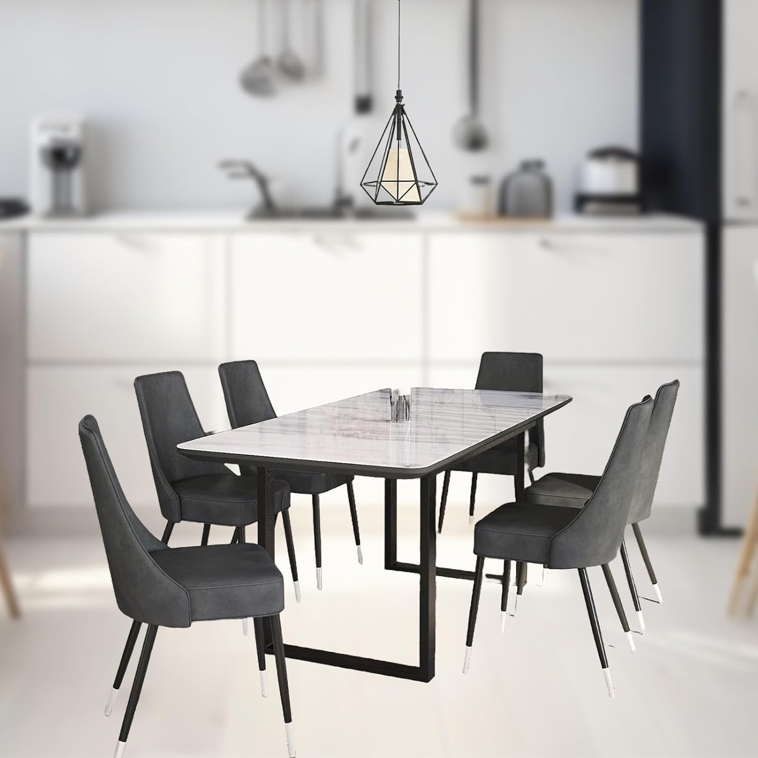 Cosmic Homes 7 Pc Dining Table Set for 6 Black Dining Table Black with Vintage Grey Chair Set for 6 Chaise de Cuisine, Dining Chair for Modern Kitchen | Small Kitchen Table & Chais