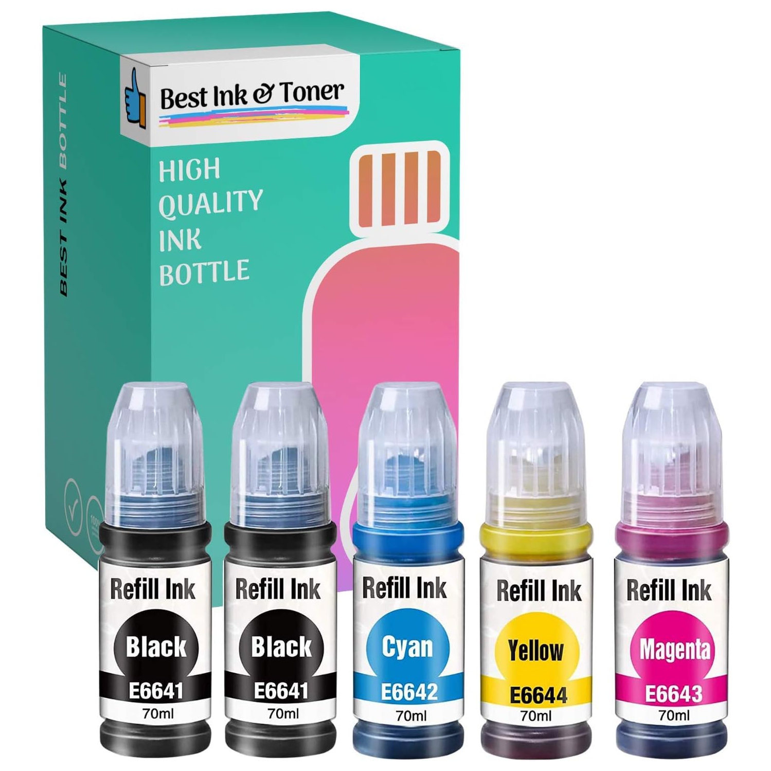 BestInk Compatible Ink Bottle Replacements for 664 T664 (2 Black, 1 Cyan, 1 Magenta, 1 Yellow, 5-Pack) T664
