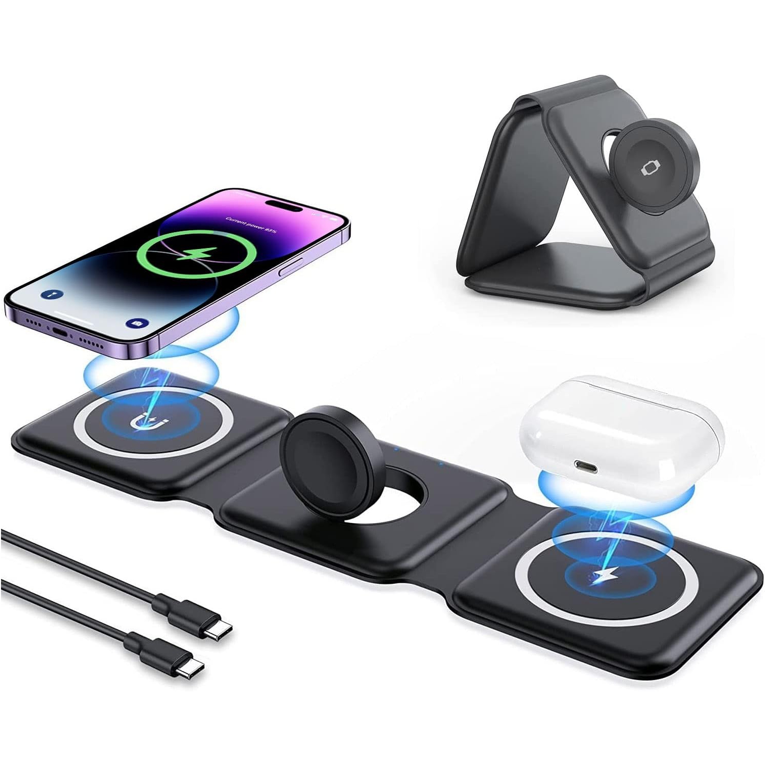 Wireless Charging Station, 3 in 1 Foldable Fast Wireless Charger Pad [Compatible with Magsafe Charger] for iPhone
