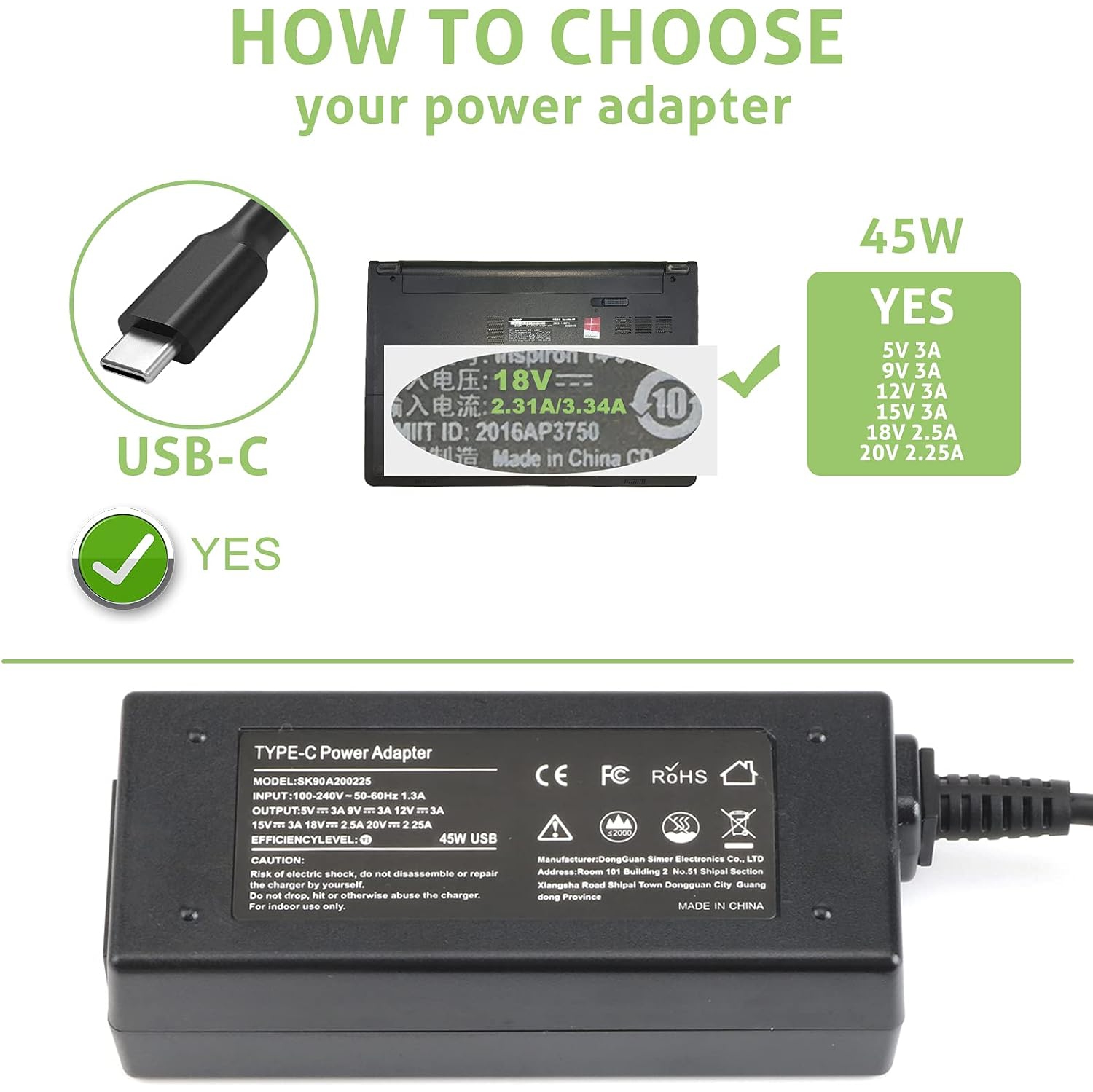 Chargeur de portable USB-C 45 W compatible avec le Chromebook de 45 W de type C de série C d'Acer de HP de Samsung d'Acer