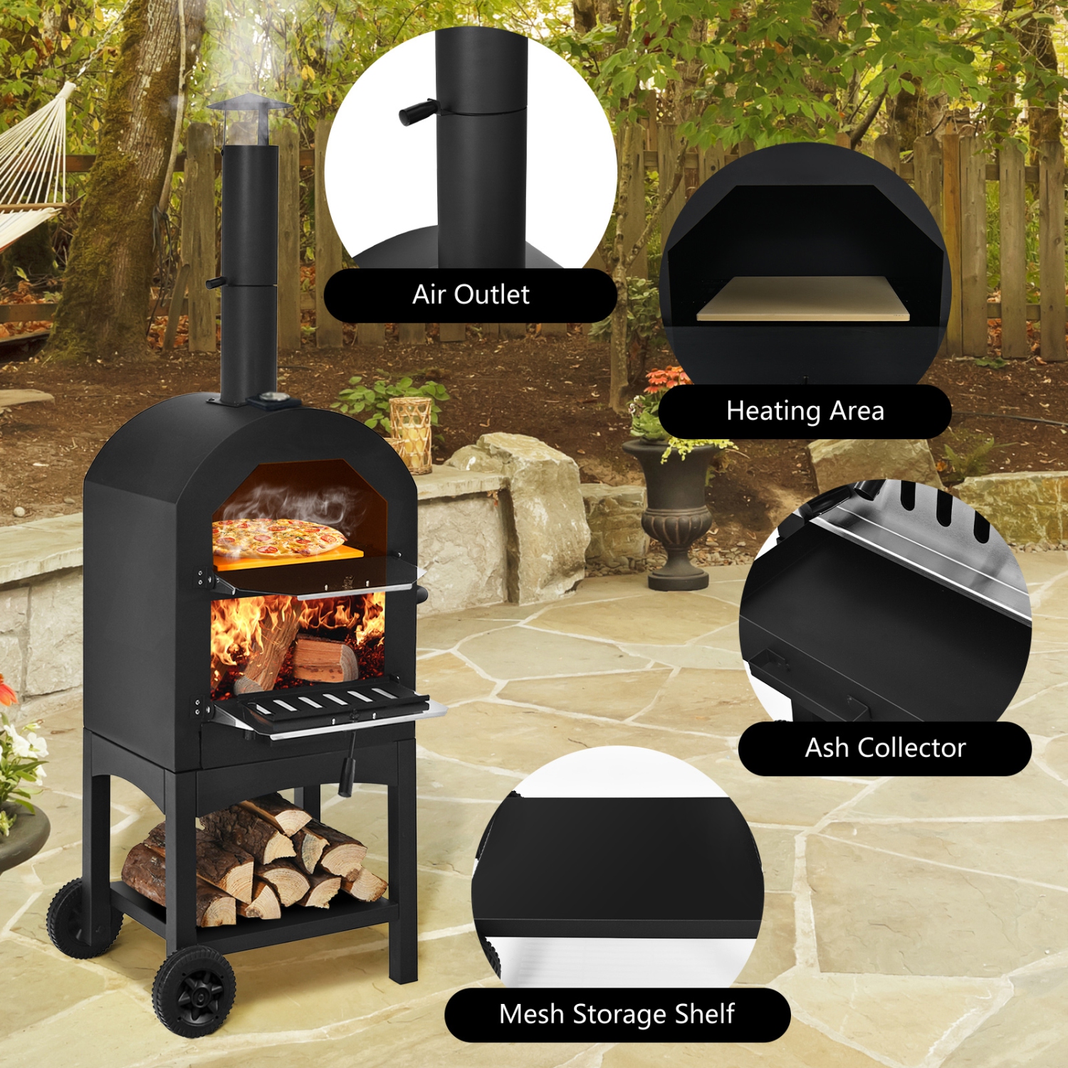 Costway Outdoor Pizza Oven Wood Fire Pizza Maker Grill w/ Pizza Stone & Waterproof Cover