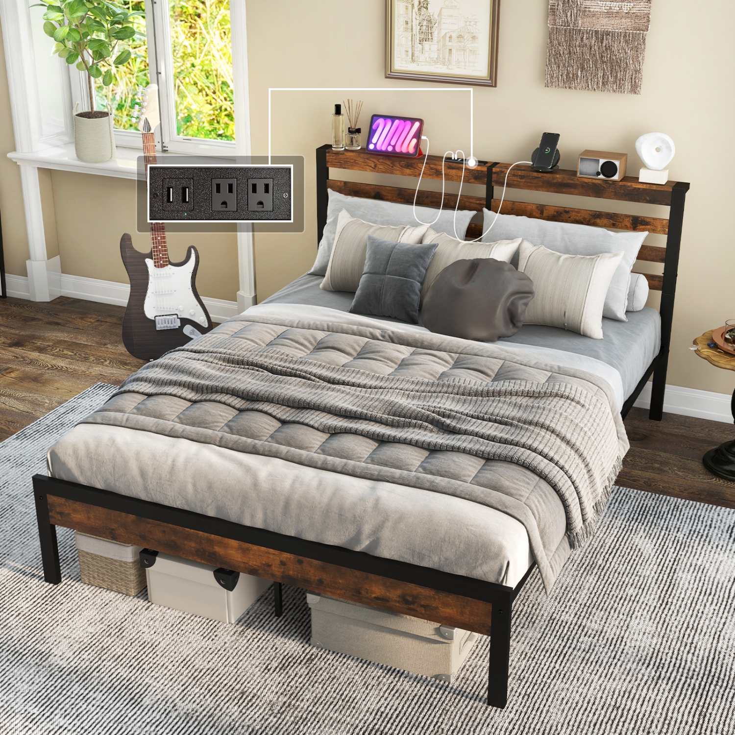 Costway Industrial Metal Platform Bed Frame Charging Station Mattress Foundation