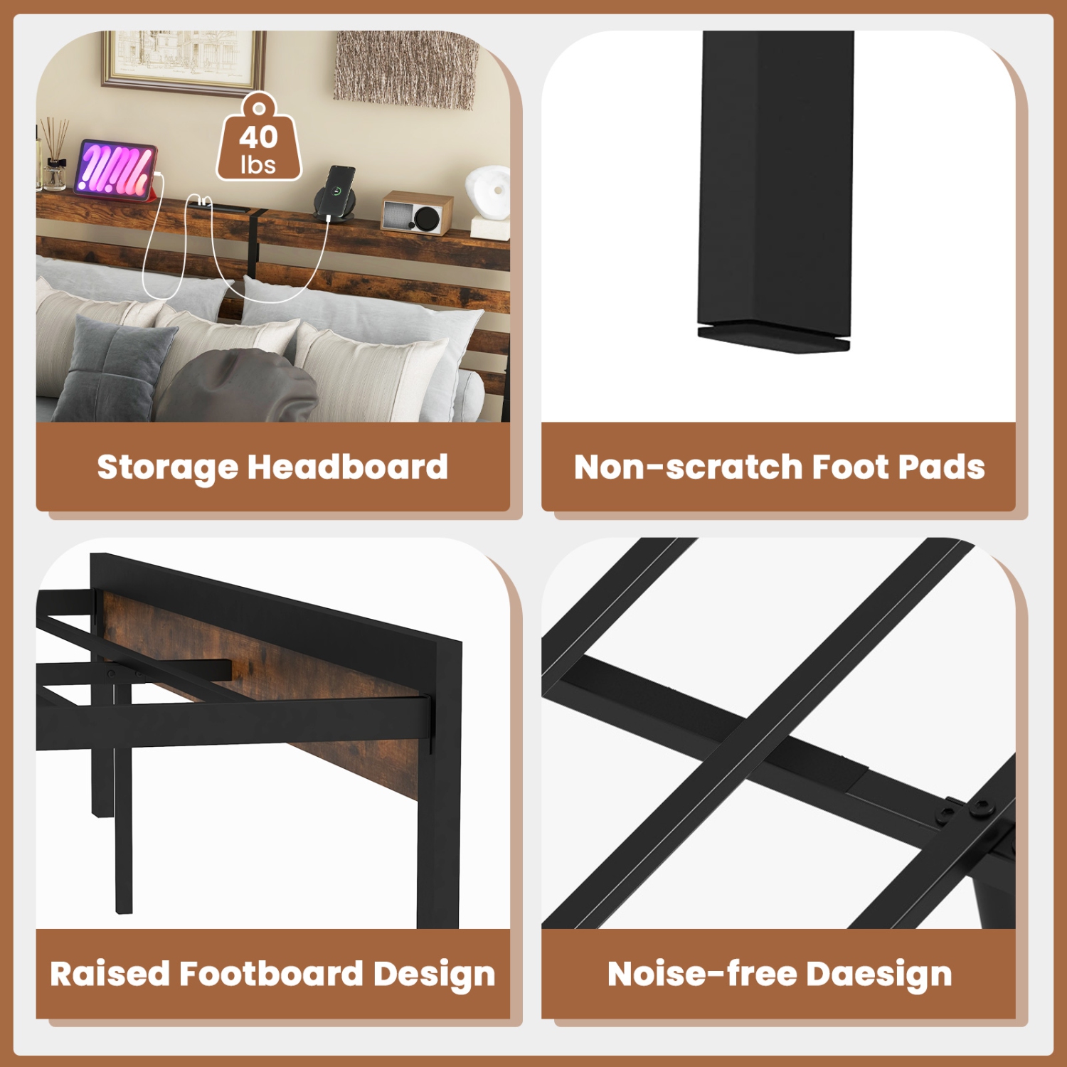 Costway Industrial Metal Platform Bed Frame Charging Station Mattress Foundation