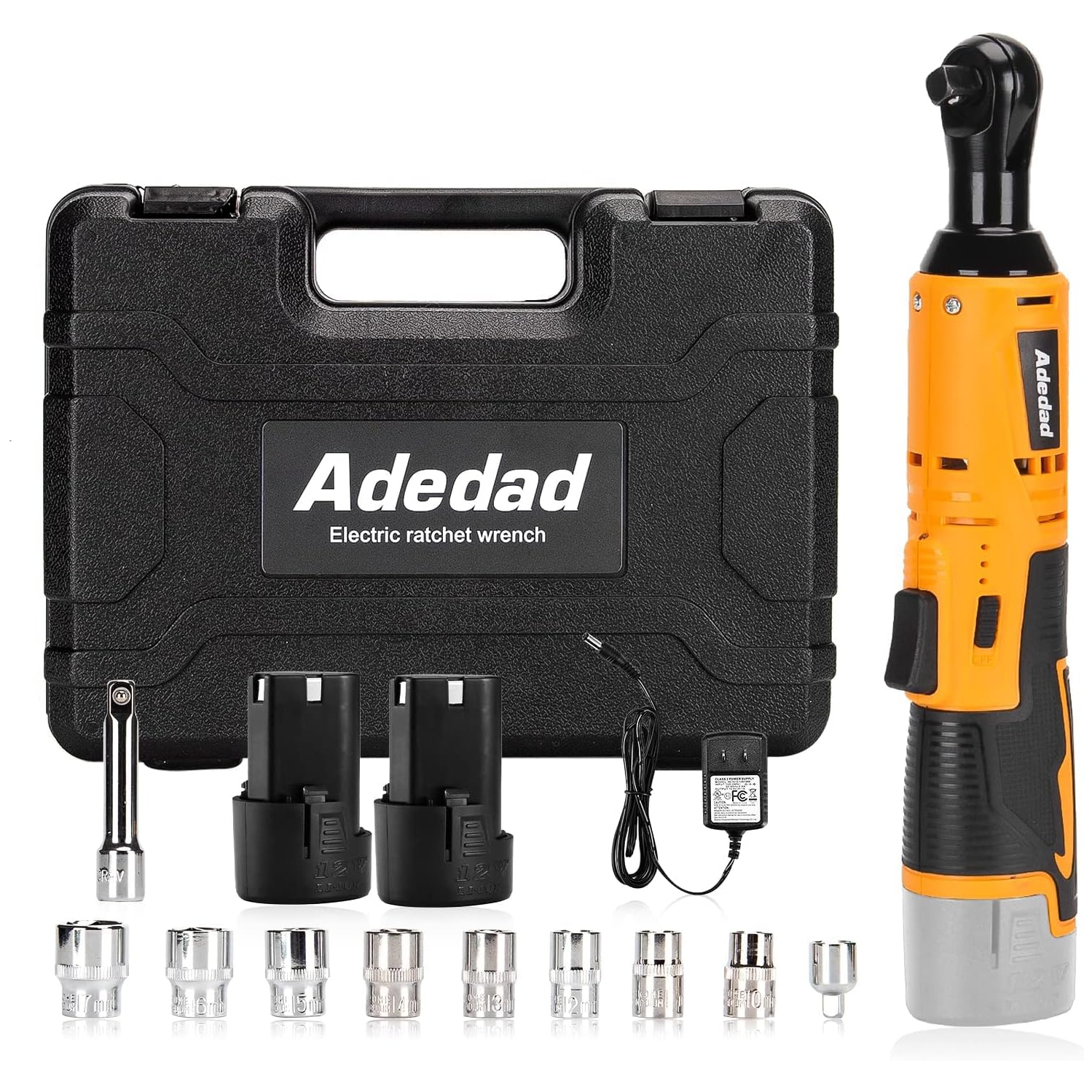 Adedad Cordless Ratchet Wrench Set, 3/8” 40Ft-lbs 400 RPM 12V Electric Power Ratchet Wrench Tool Kit w/2-Pack 2.0Ah Batteries, 12 Sockets