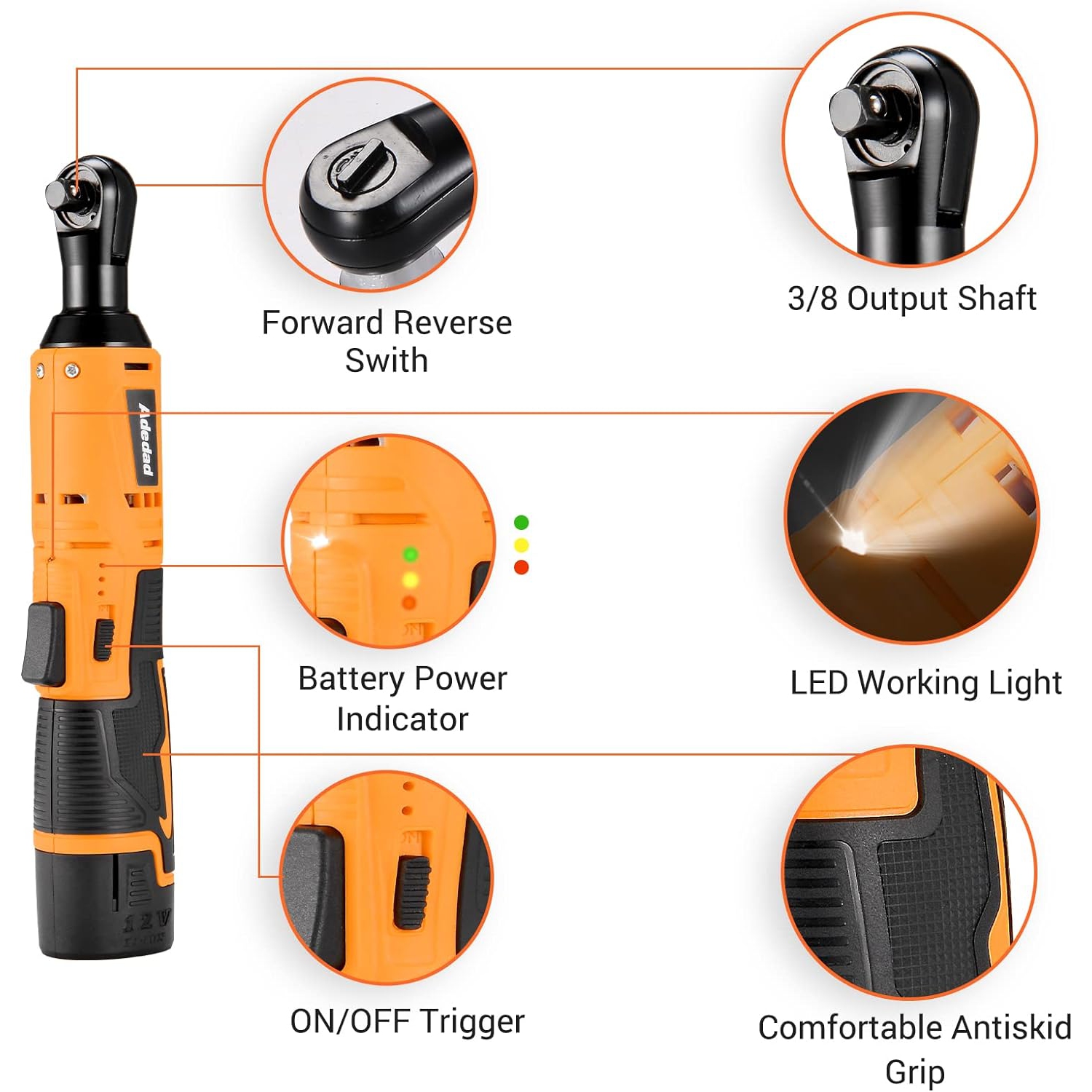 Adedad Cordless Electric Ratchet Wrench Set, 3/8" Power Ratchet Wrench, 40 Ft-lbs 400RPM 12V Battery Ratchet Tool Kit W/ 2 Pack 2.0Ah Lithium-Ion Battery And 1 Fast Charger