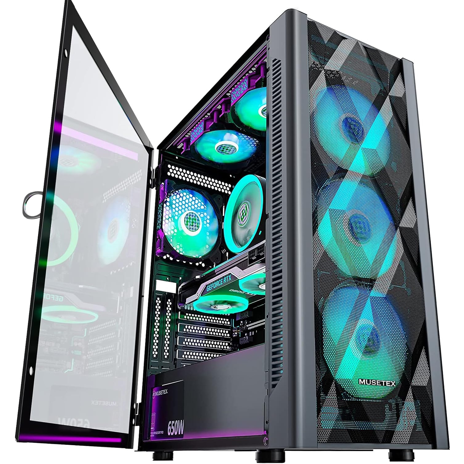 MUSETEX ATX PC Case Pre-Install 6 PWM ARGB Fans, Polygonal Mesh Computer Gaming Case - Black,NN8