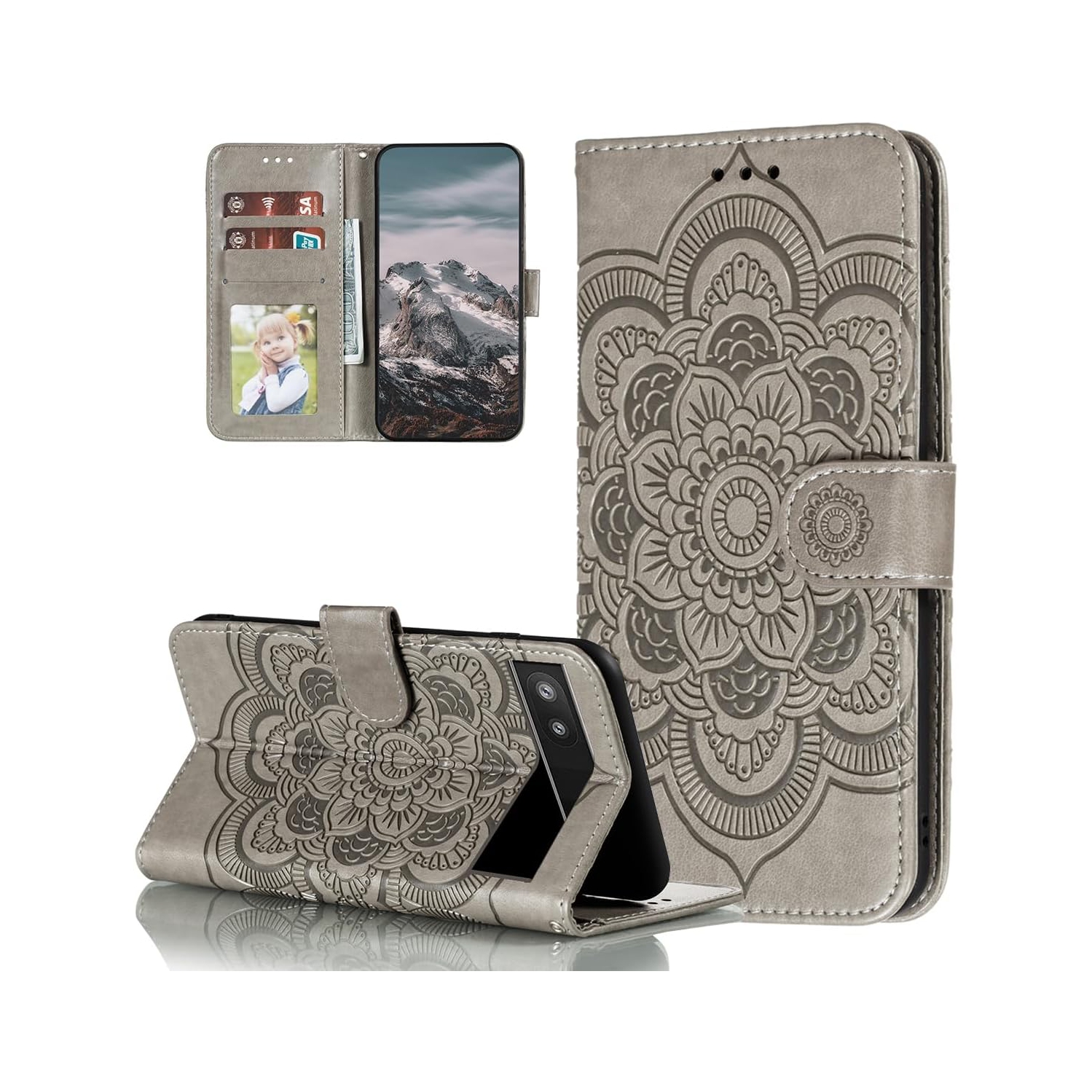 Étui Mandala pour Pixel 6&nbsp;A de Google, étui-portefeuille en cuir de qualité supérieure avec fentes pour cartes, étui protecteur magnétique pour