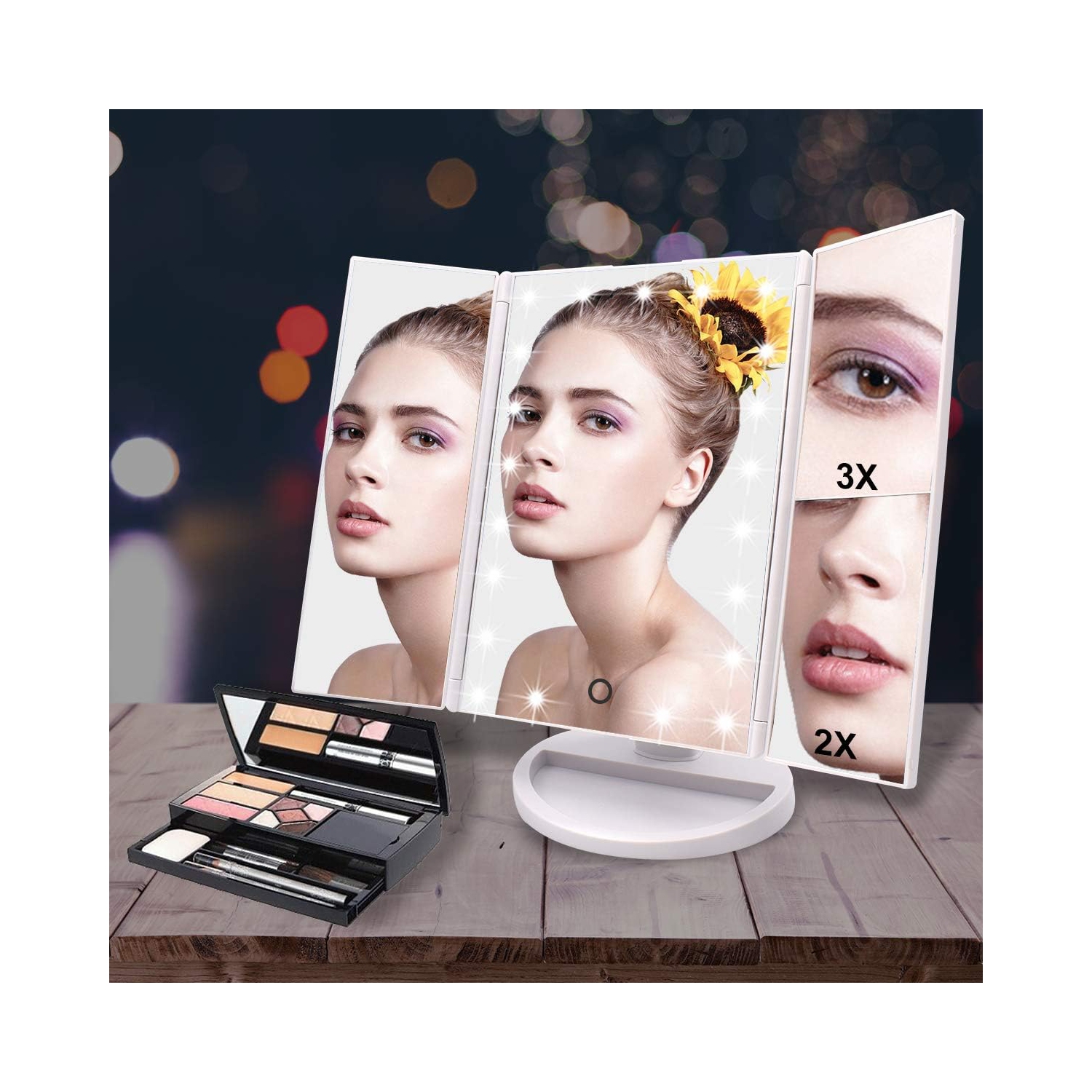 Adjustable Tri-Fold Lighted Makeup Mirror with 21 LED Lights Black, 1x/2x/3x Magnification, Touch Screen Control