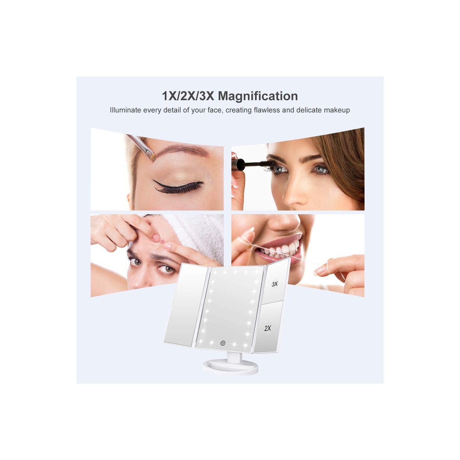 Adjustable Tri-Fold Lighted Makeup Mirror with 21 LED Lights Black, 1x/2x/3x Magnification, Touch Screen Control