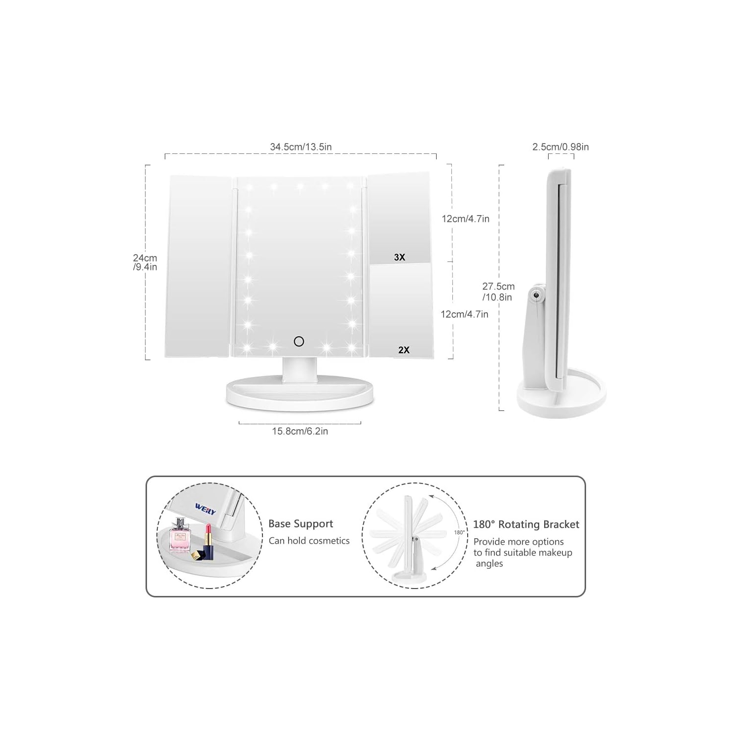 Adjustable Tri-Fold Lighted Makeup Mirror with 21 LED Lights Black, 1x/2x/3x Magnification, Touch Screen Control