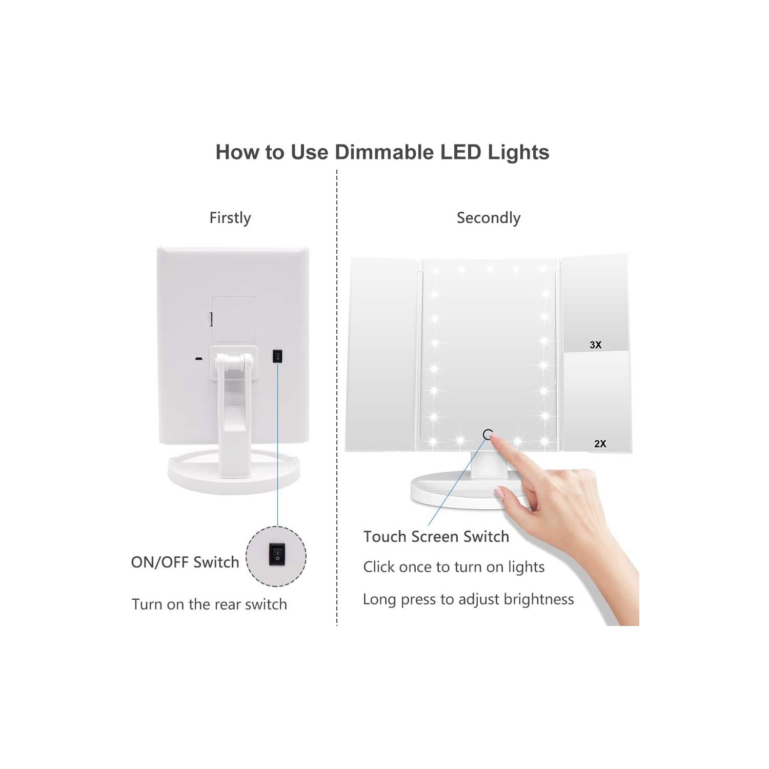 Adjustable Tri-Fold Lighted Makeup Mirror with 21 LED Lights Black, 1x/2x/3x Magnification, Touch Screen Control