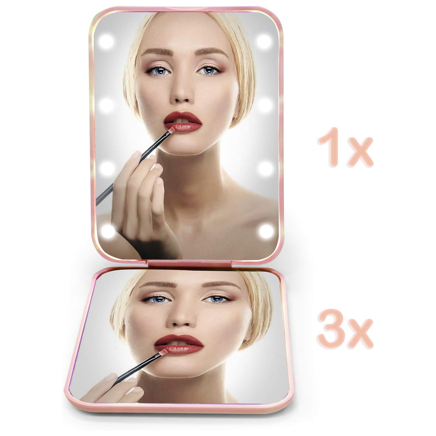 Miroir compact de voyage illuminé à DEL pour maquillage, grossissement 1X/3X, miroir de poche pliable, miroir de poche portatif avec lumière, idéal