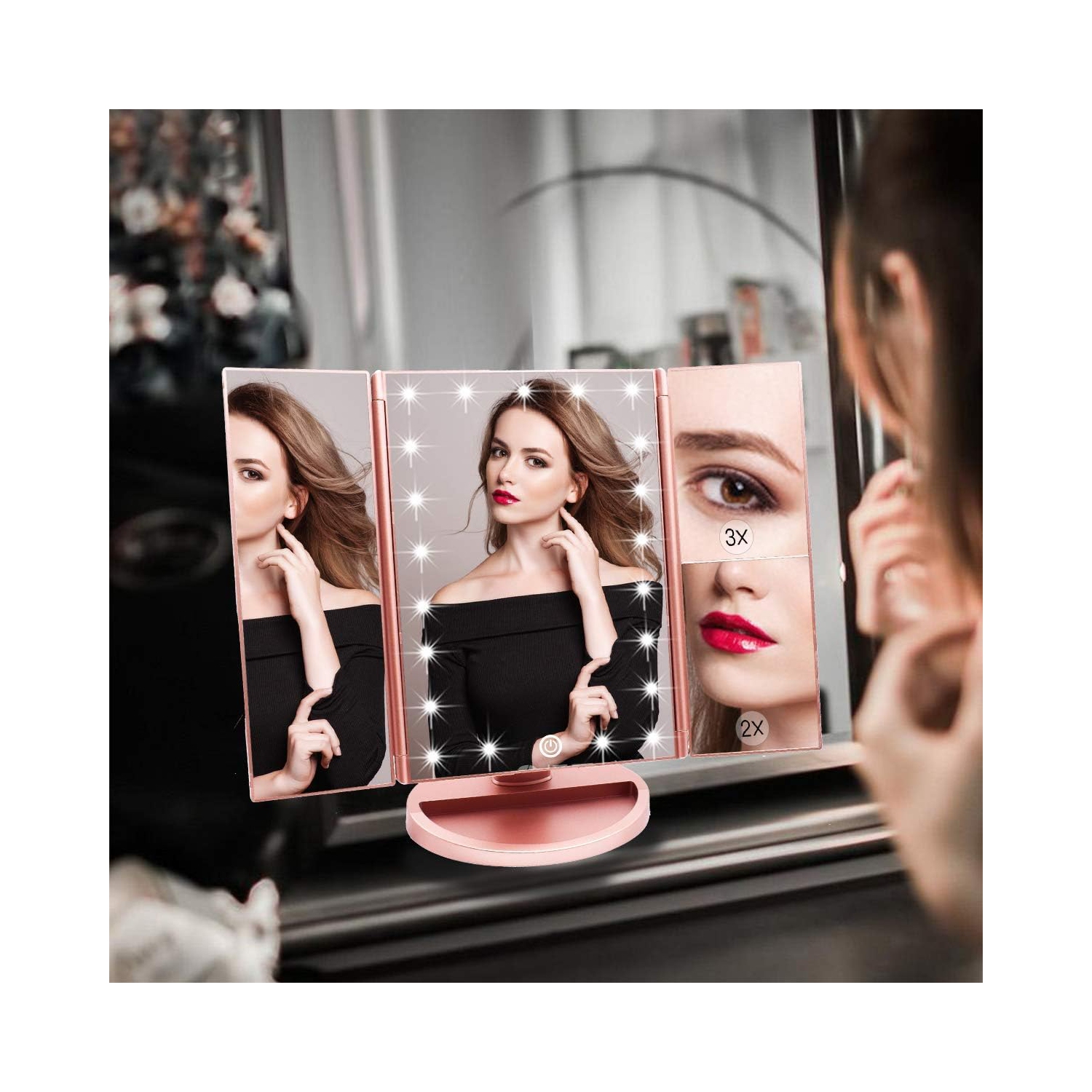 Miroir compact de voyage illuminé à DEL pour maquillage, grossissement 1X/3X, miroir de poche pliable, miroir de poche portatif avec lumière, idéal