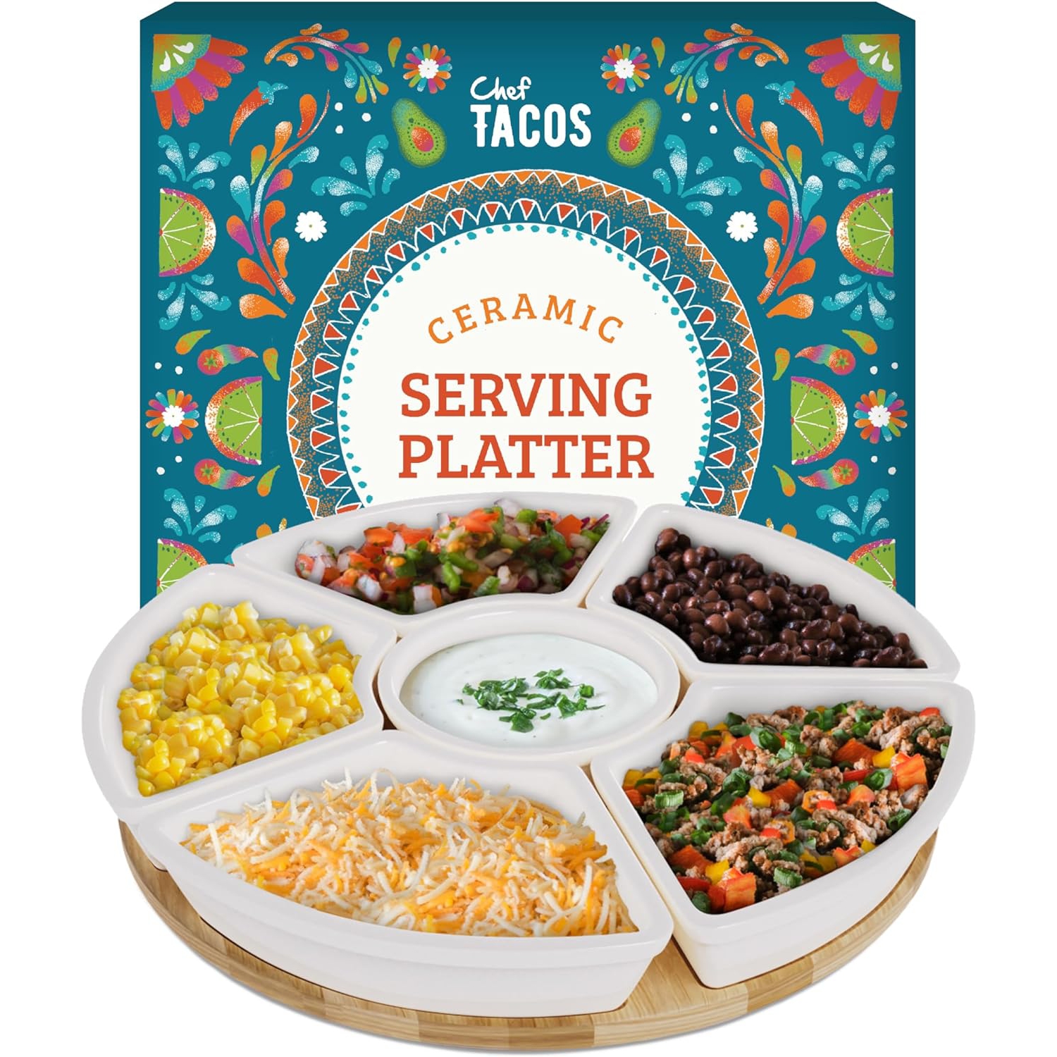 Chef Tacos Ceramic Taco Serving Platter - Divided Serving Tray for Taco Tuesday Lazy Susan Taco Bar - Chip and Dip Serving Set for Party - Appetizer Serving Tray for Salsa, Snacks
