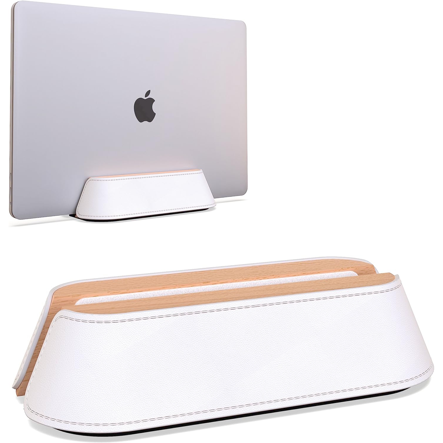 Vertical Laptop Stand for Desk, Adjustable Vertical Laptop Holder, Natural Wood and Leather Desktop Dock