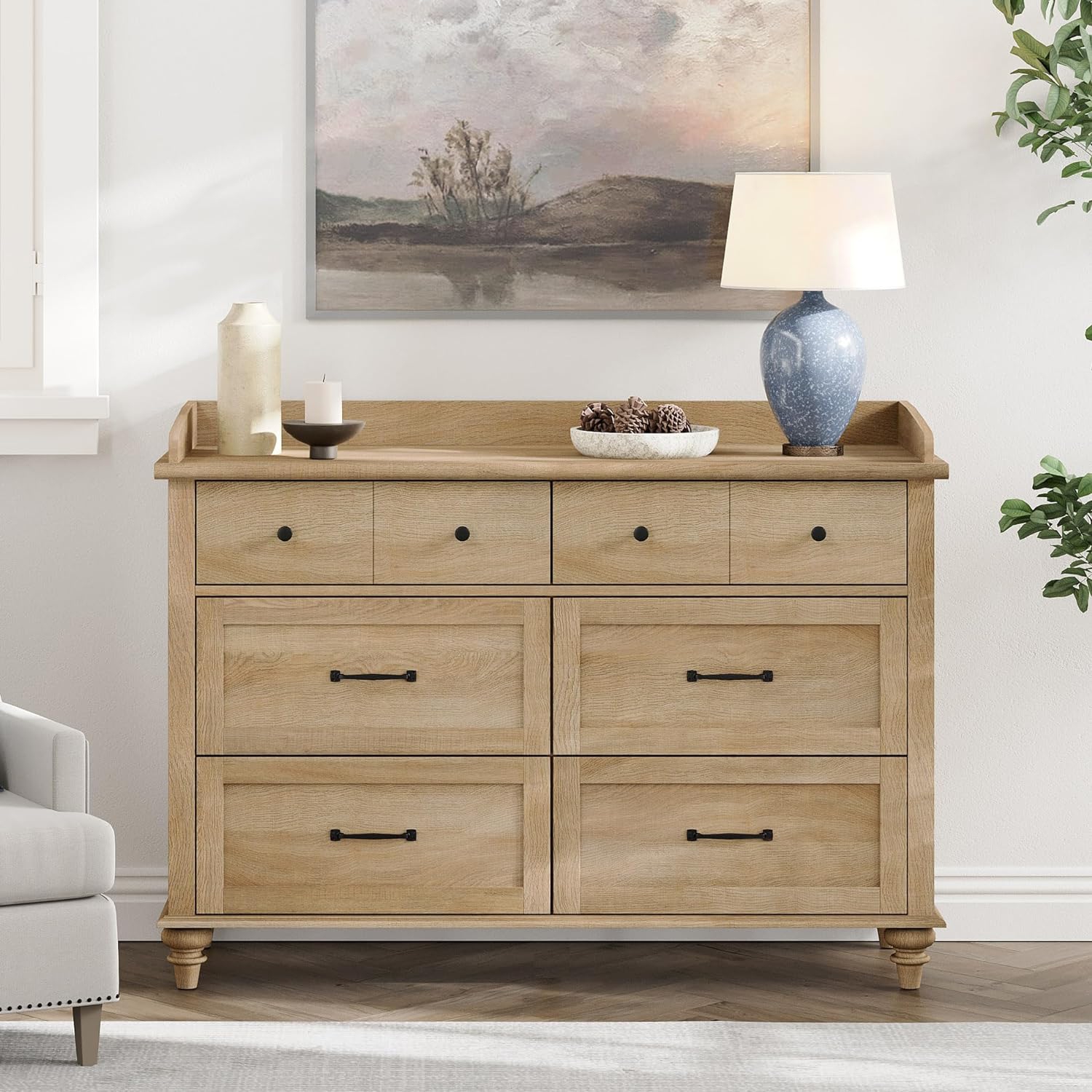 Commode WAMPAT pour chambre à coucher avec 6 tiroirs, commodes pour enfants avec large coffre de tiroirs pour salon, chambre de bébé, couloir, chêne