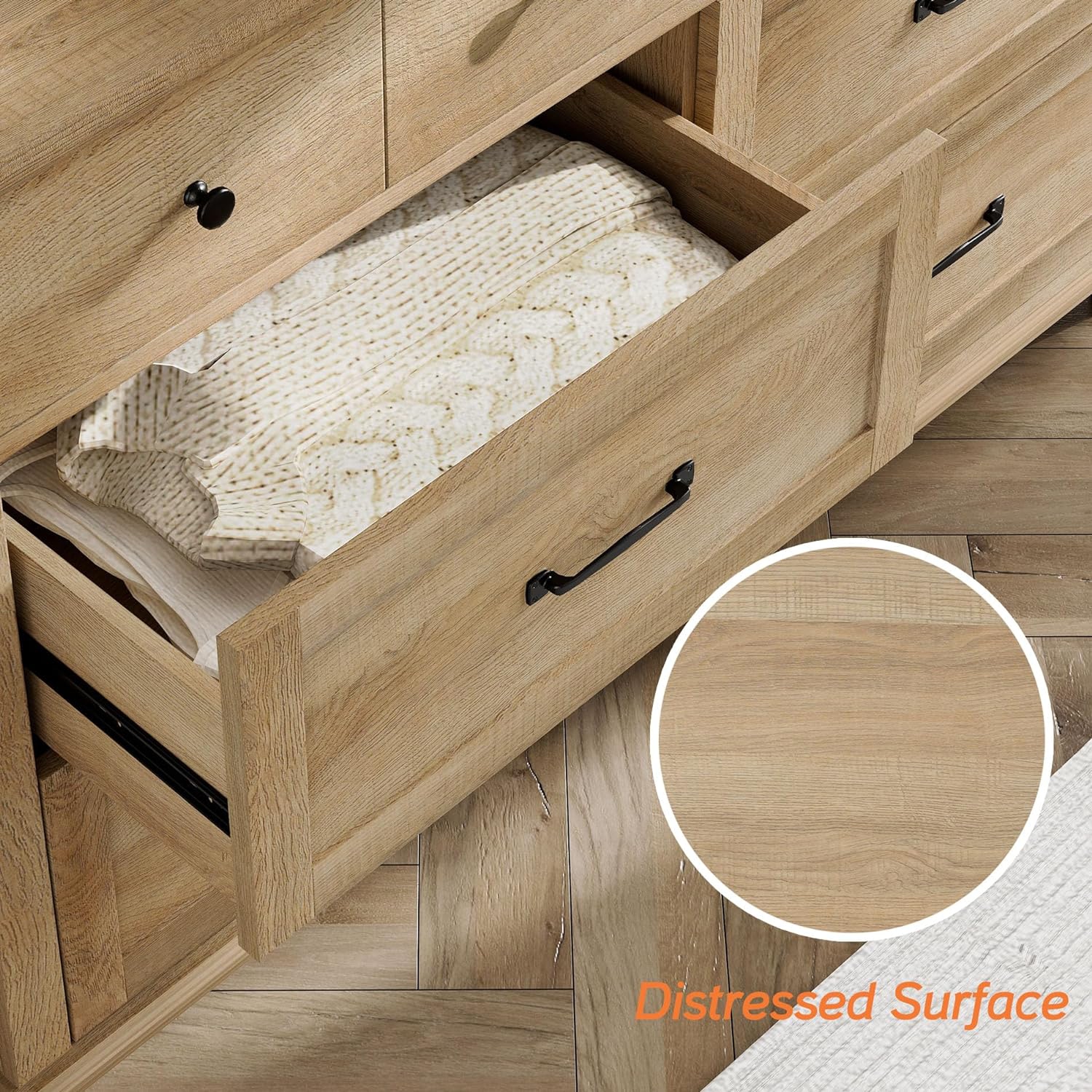 Commode WAMPAT pour chambre à coucher avec 6 tiroirs, commodes pour enfants avec large coffre de tiroirs pour salon, chambre de bébé, couloir, chêne