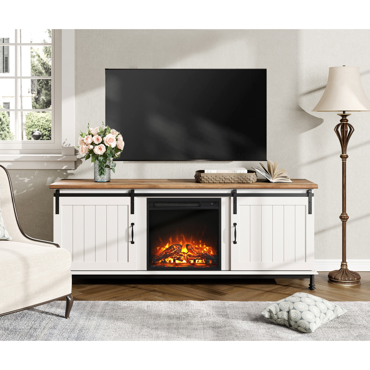 WAMPAT Fireplace TV Stand for 65 75 Inch TV, Entertainment Center with 18'' Electric Fireplace&Sliding Barn Door, Storage Cabinet for Living Room, White