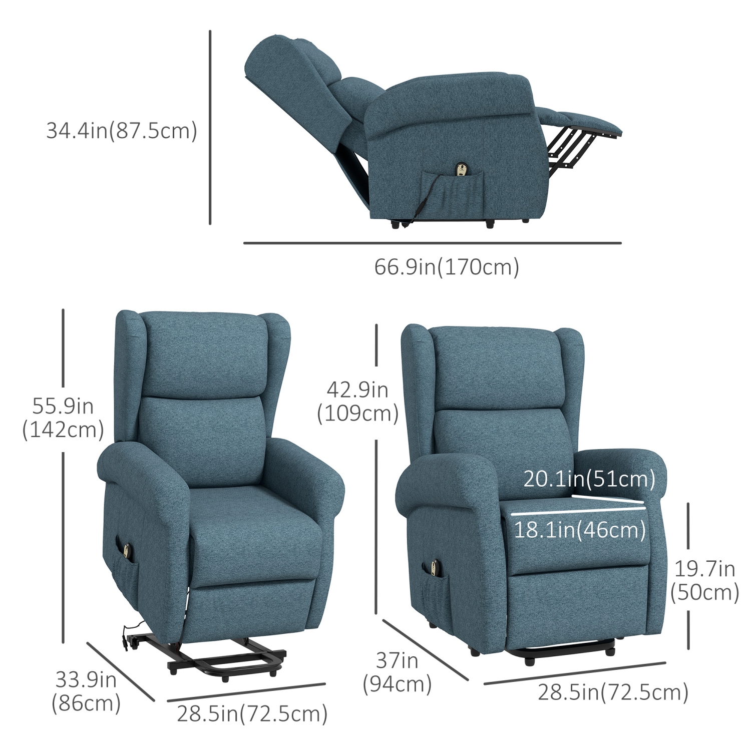HOMCOM Power Lift Chair for Elderly, Linen Wingback Electric Recliner Chair with Footrest, Remote Control, Side Pockets for Living Room, Blue