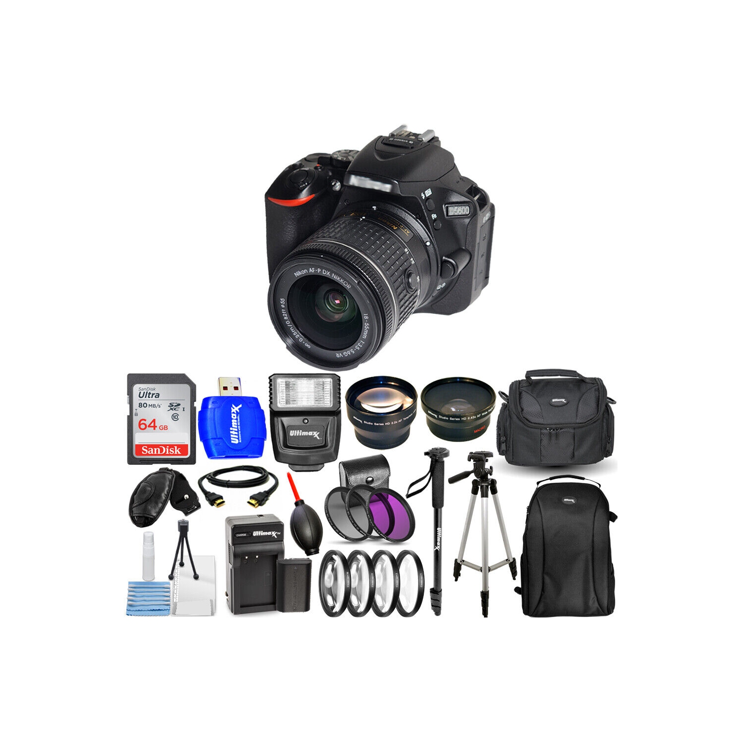 Nikon D5600 DSLR Camera with 18-55mm 1576 - 3 Lens Battery Top Value Bundle
