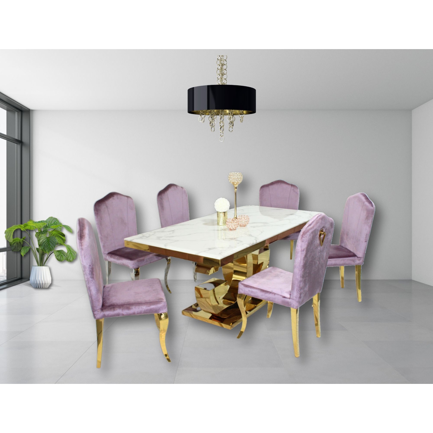 Gracie Dining Table Gold with Diamond Chairs