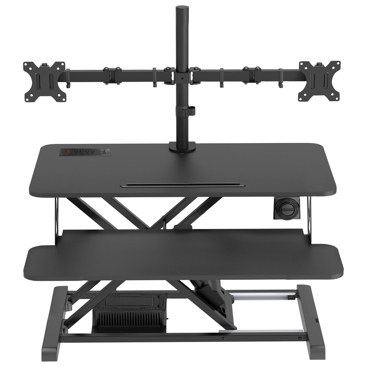 Rocelco Electric Desk Riser with Dual Monitor Mount with Keyboard Tray - Black
